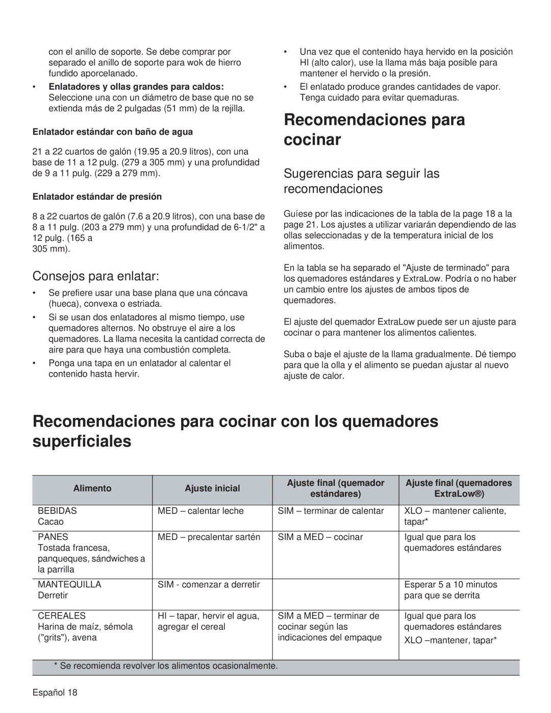 Thermador PRG30, PRL36 Recomendaciones para cocinar, Consejos para enlatar, Sugerencias para seguir las recomendaciones 