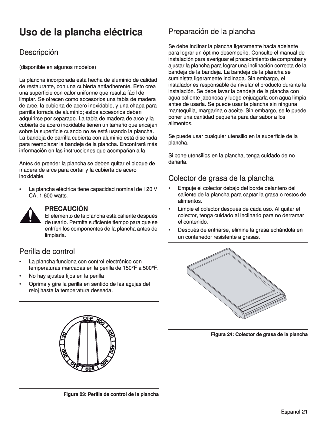 Thermador PRL48 manual Uso de la plancha eléctrica, Descripción, Preparación de la plancha, Colector de grasa de la plancha 