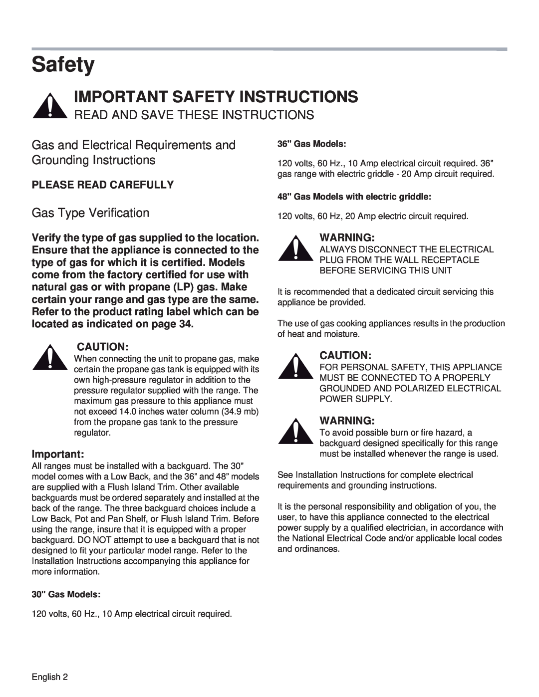 Thermador PRG36, PRL36, PRG48 Important Safety Instructions, Read And Save These Instructions, Gas Type Verification 