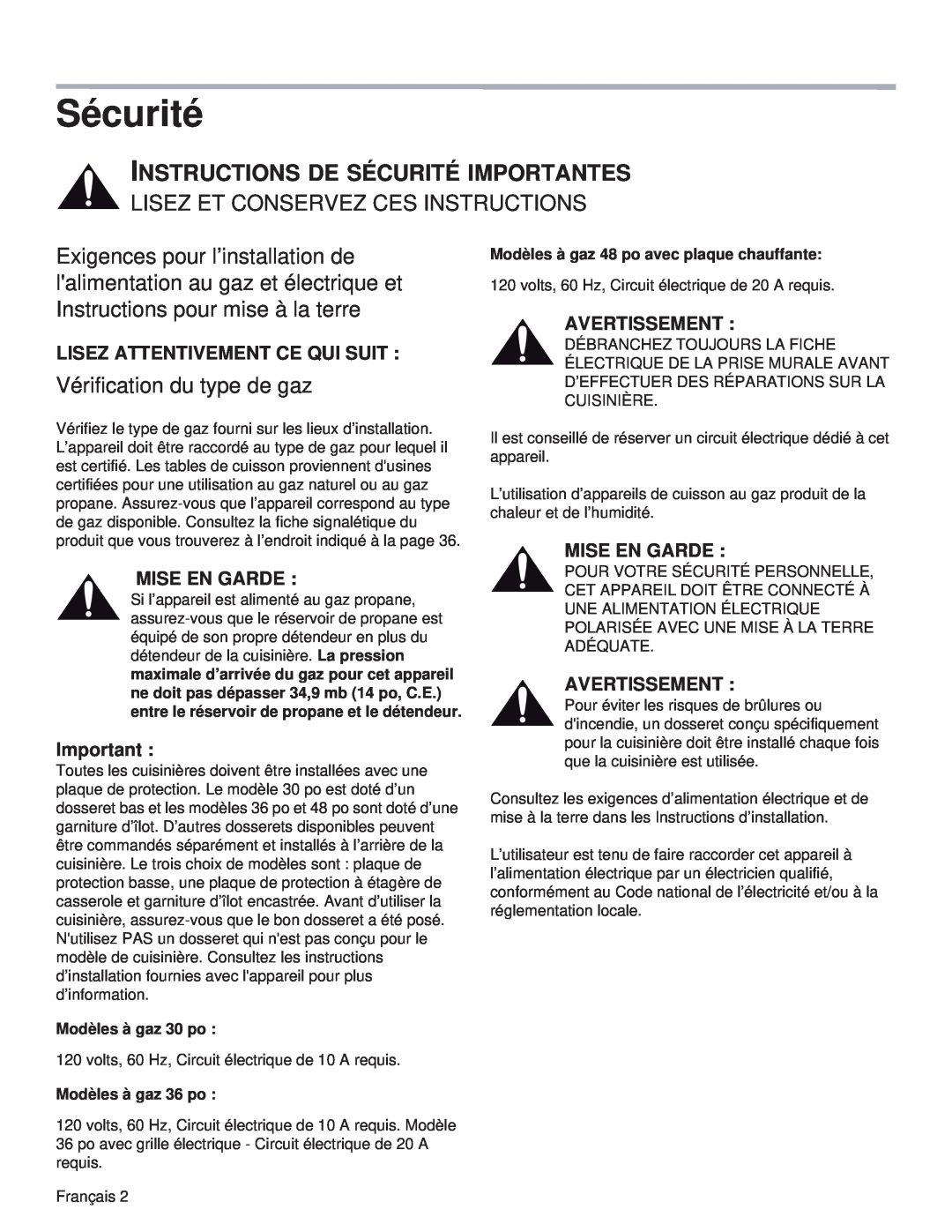 Thermador PRL36 Sécurité, Lisez Et Conservez Ces Instructions, Vérification du type de gaz, Mise En Garde, Avertissement 