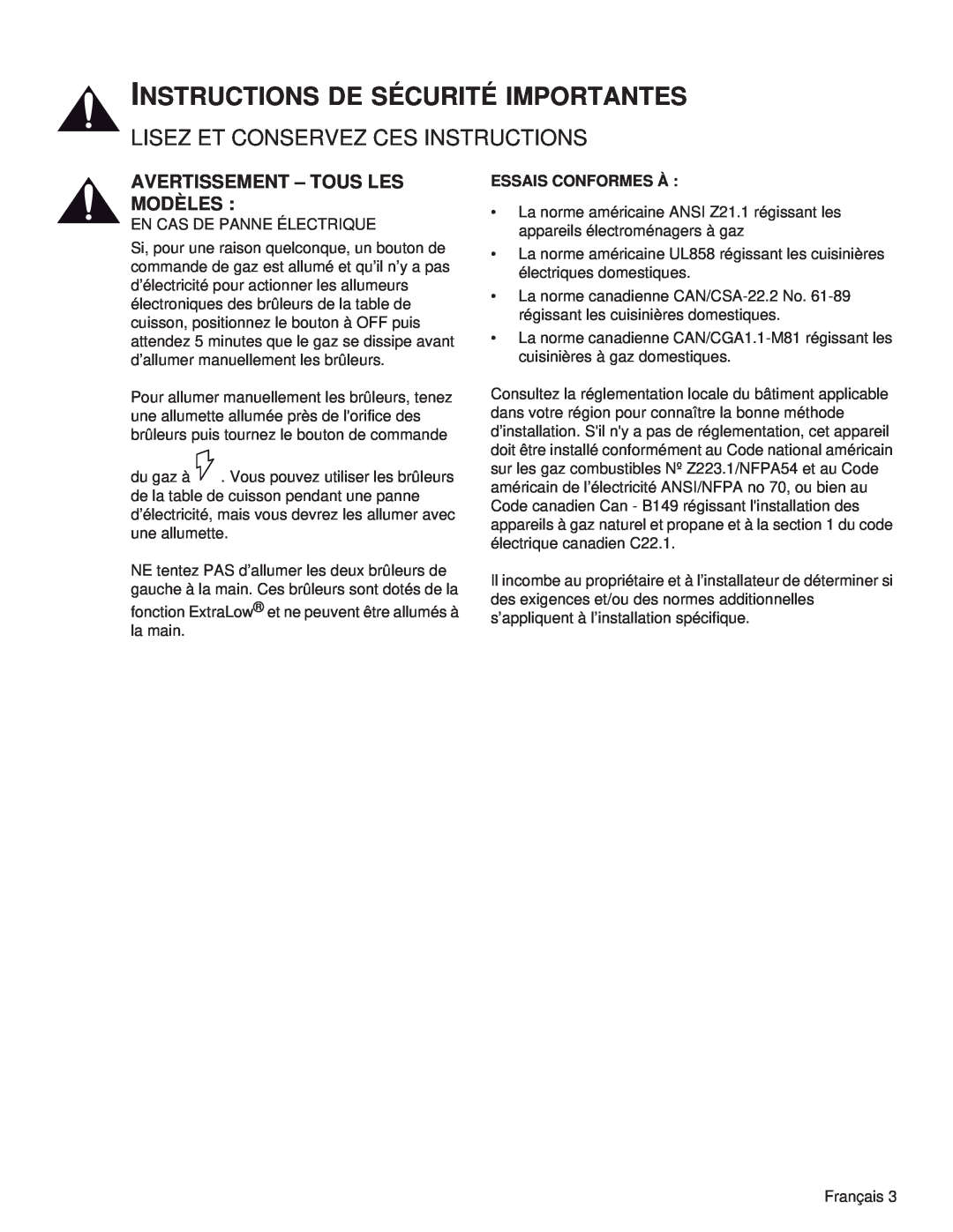 Thermador PRG48, PRL36, PRG30, PRL30, PRG36, PRL48 manual Instructions De Sécurité Importantes, Avertissement - Tous Les Modèles 