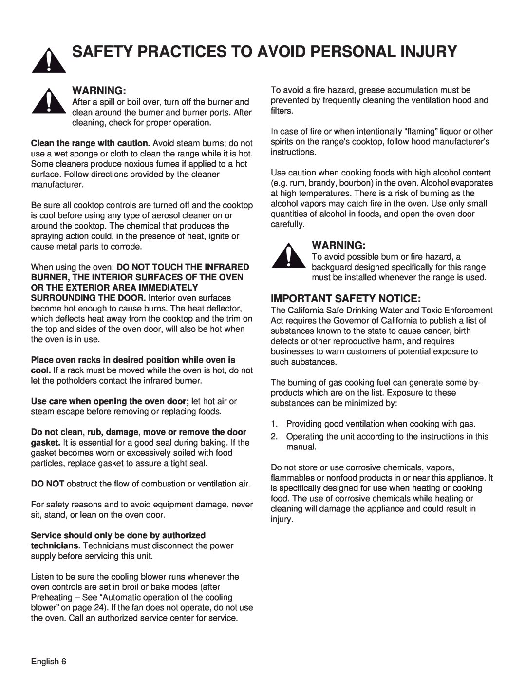 Thermador PRG30, PRL36, PRG48, PRL30, PRG36, PRL48 manual Important Safety Notice, Safety Practices To Avoid Personal Injury 