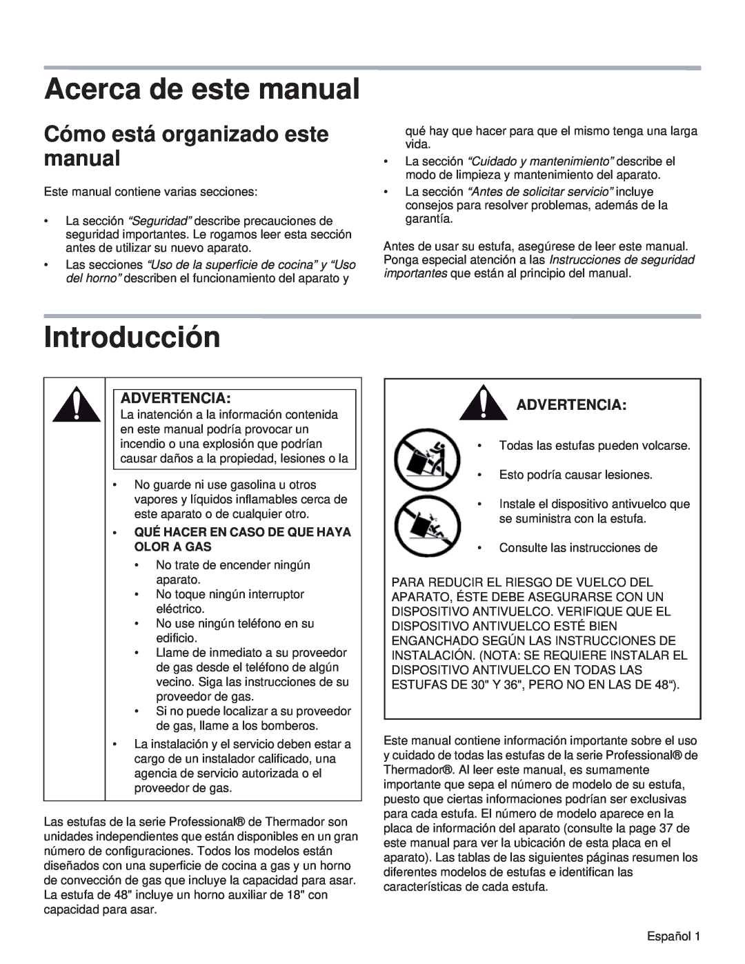 Thermador PRL30, PRL36, PRG48, PRG30 Acerca de este manual, Introducción, Cómo está organizado este manual, Advertencia 