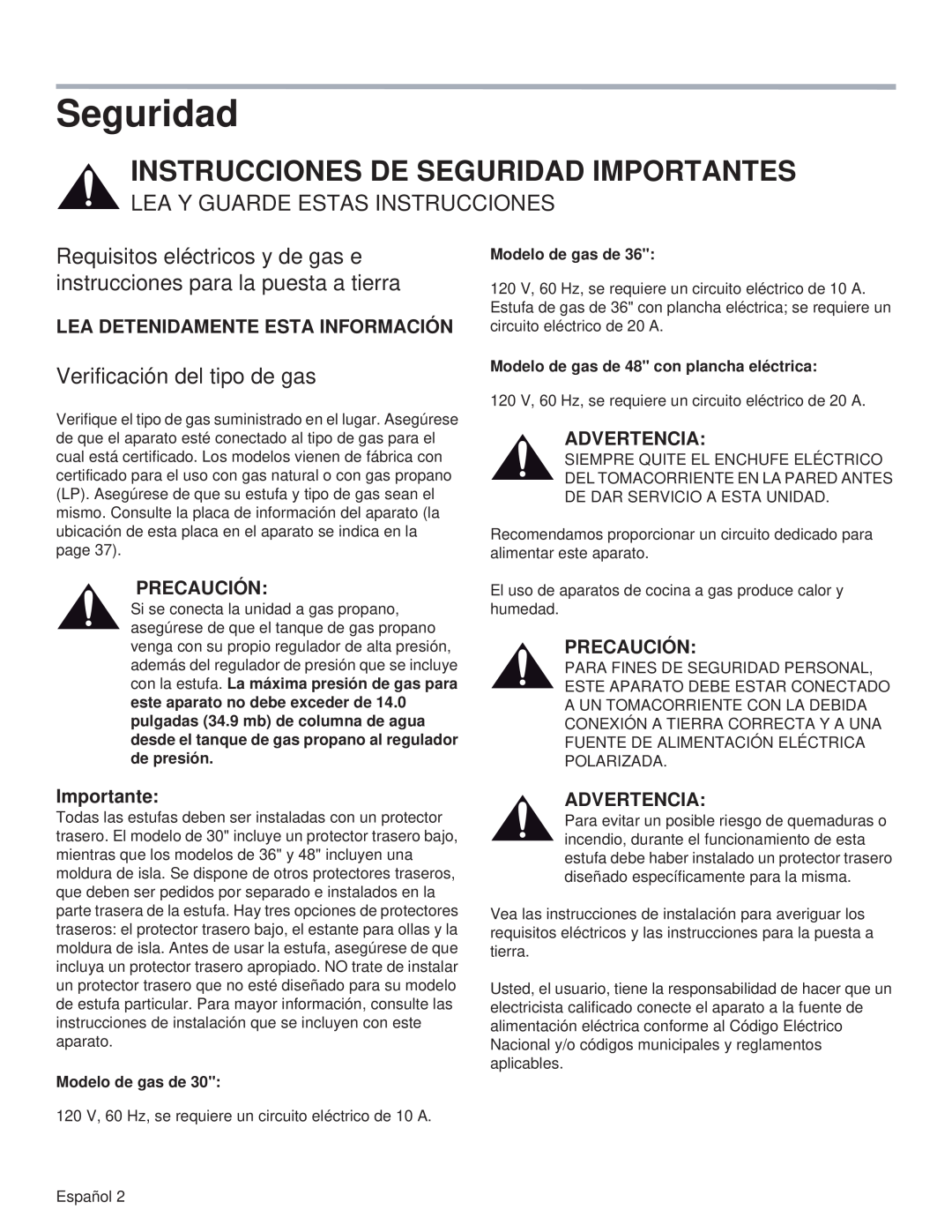 Thermador PRG36 Instrucciones De Seguridad Importantes, Lea Y Guarde Estas Instrucciones, Verificación del tipo de gas 