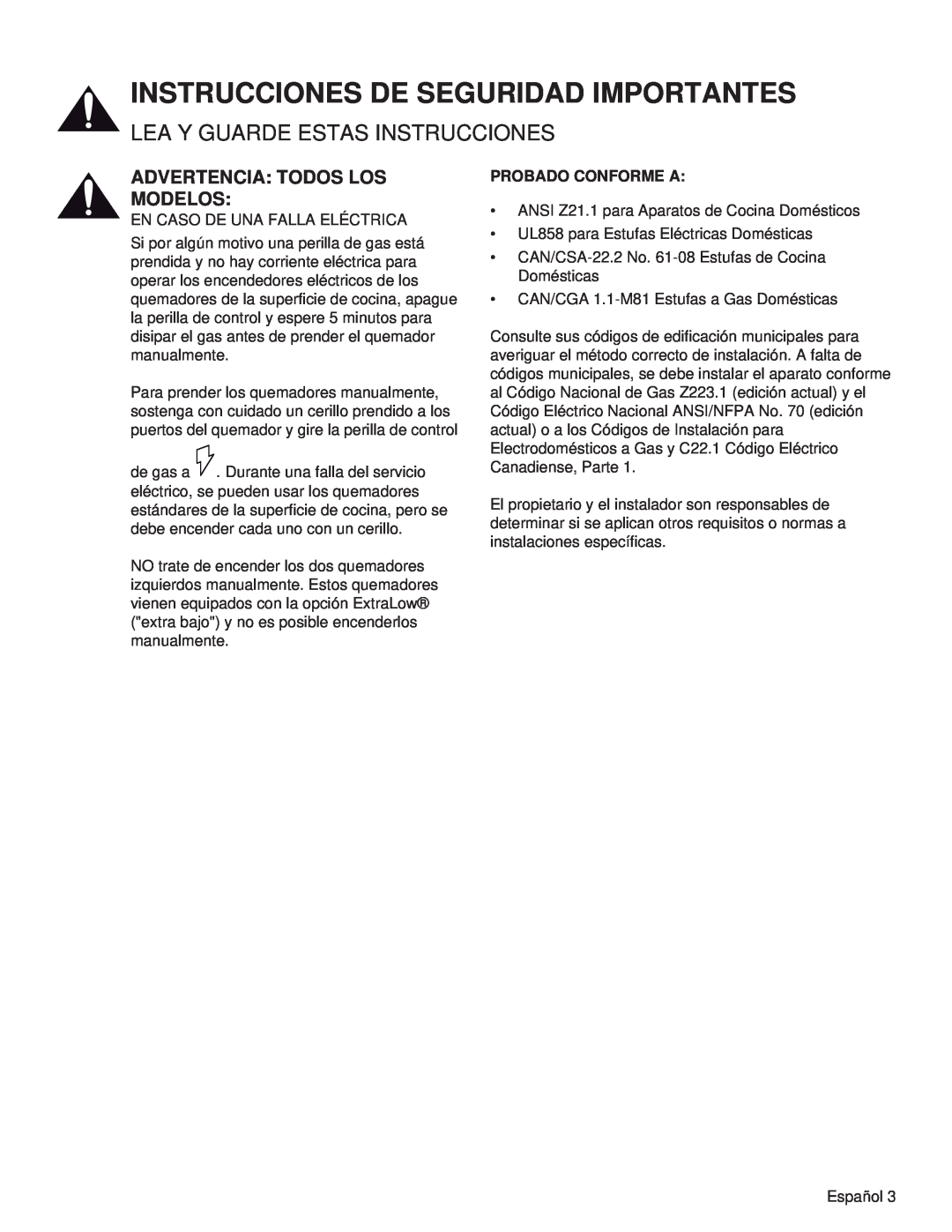Thermador PRL48 Advertencia Todos Los Modelos, Instrucciones De Seguridad Importantes, Lea Y Guarde Estas Instrucciones 