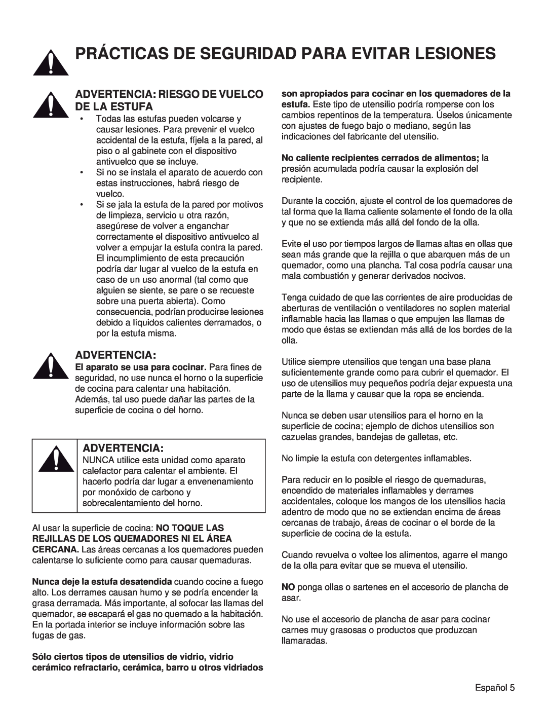 Thermador PRG48, PRL36, PRG30, PRL30 Prácticas De Seguridad Para Evitar Lesiones, Advertencia Riesgo De Vuelco De La Estufa 