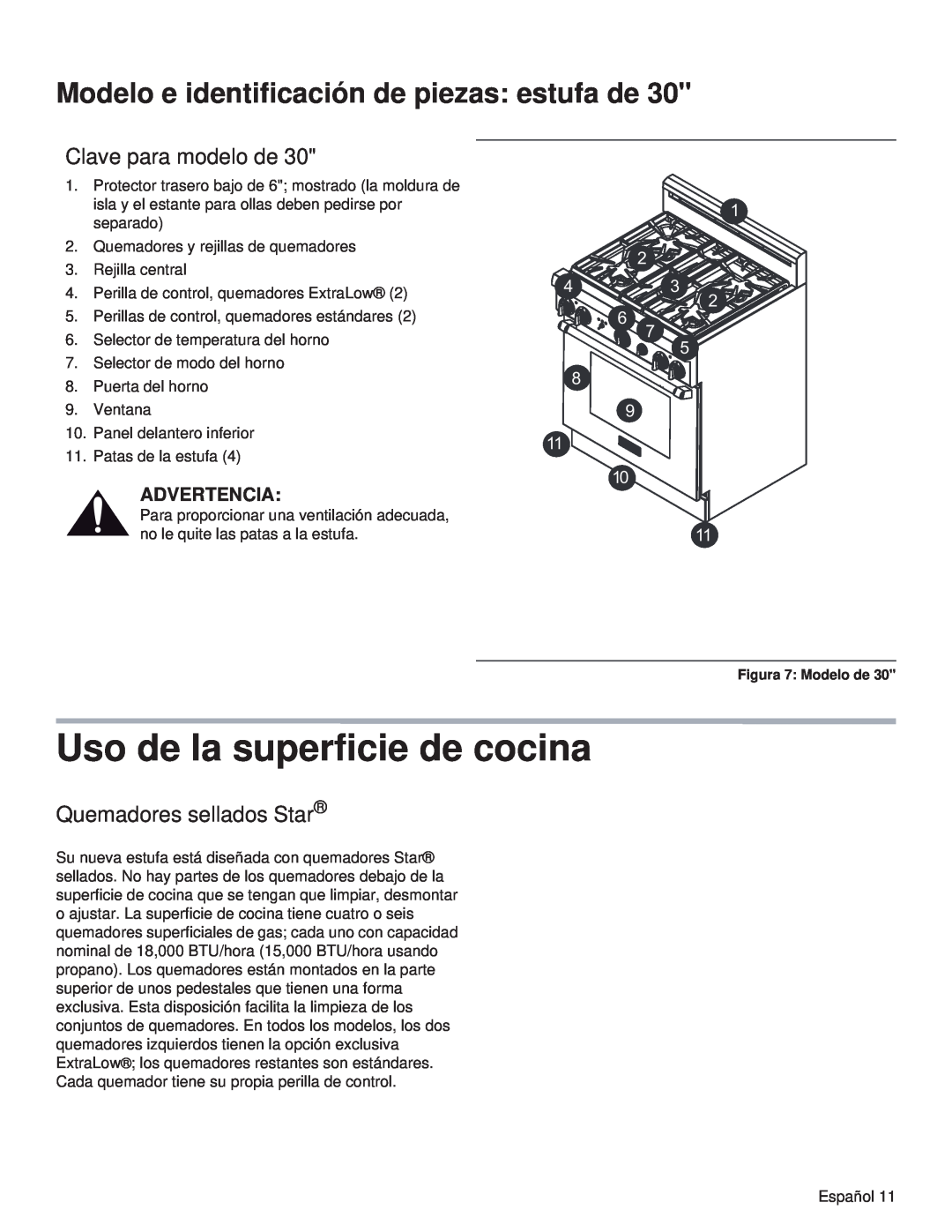Thermador PRG48, PRL36, PRG30 Uso de la superficie de cocina, Clave para modelo de, Quemadores sellados Star, Advertencia 