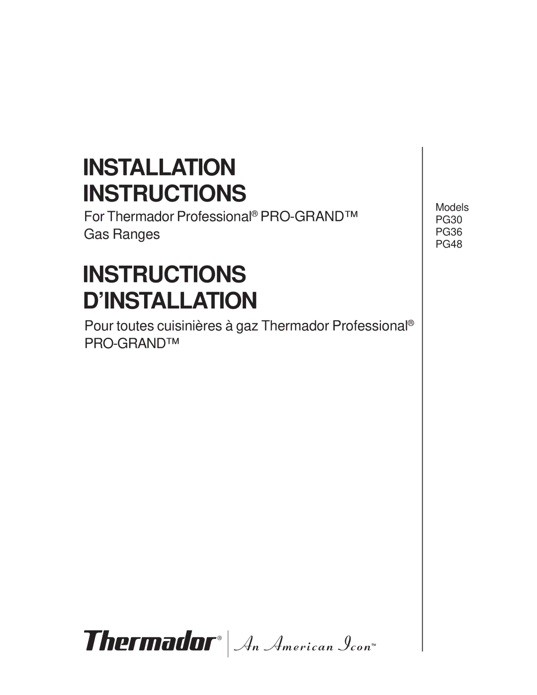 Thermador PG48, PRO-GRAND, PG36, PG30 installation instructions Installation Instructions 