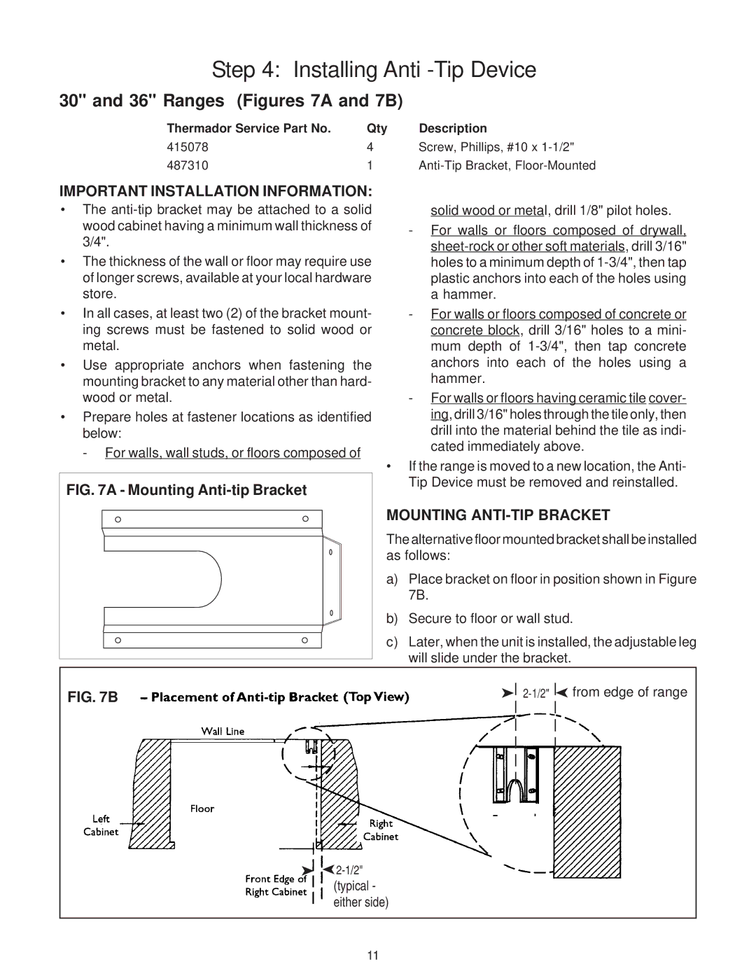 Thermador PG36, PRO-GRAND, PG48 Installing Anti -Tip Device, Ranges Figures 7A and 7B, Important Installation Information 