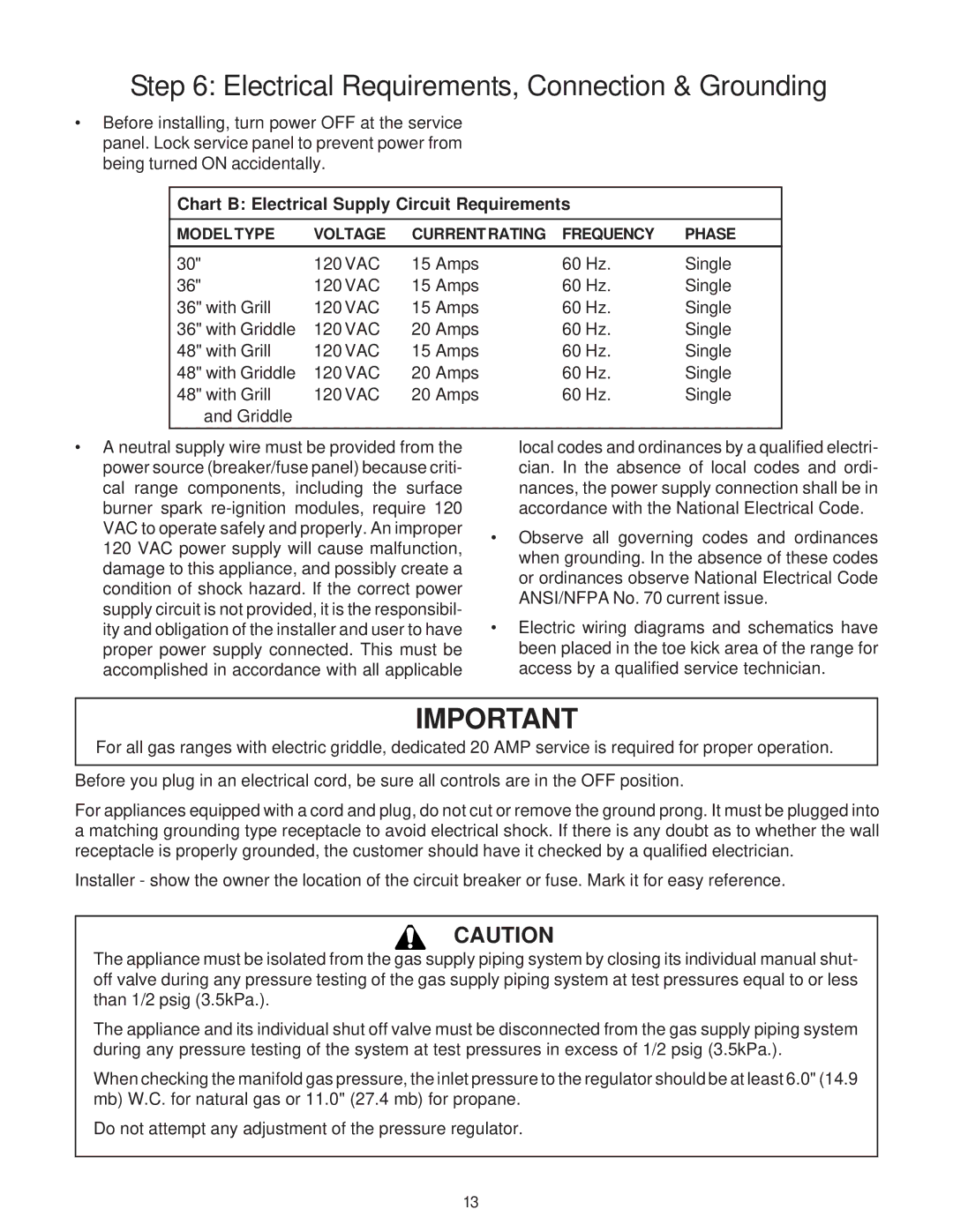 Thermador PRO-GRAND, PG48 Electrical Requirements, Connection & Grounding, Chart B Electrical Supply Circuit Requirements 