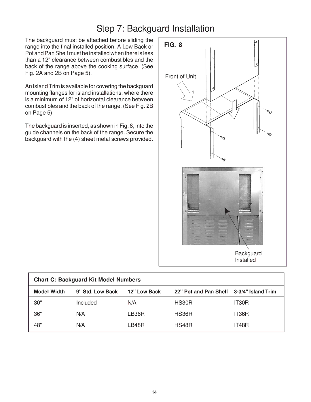 Thermador PG48, PRO-GRAND, PG36, PG30 installation instructions Backguard Installation, Chart C Backguard Kit Model Numbers 