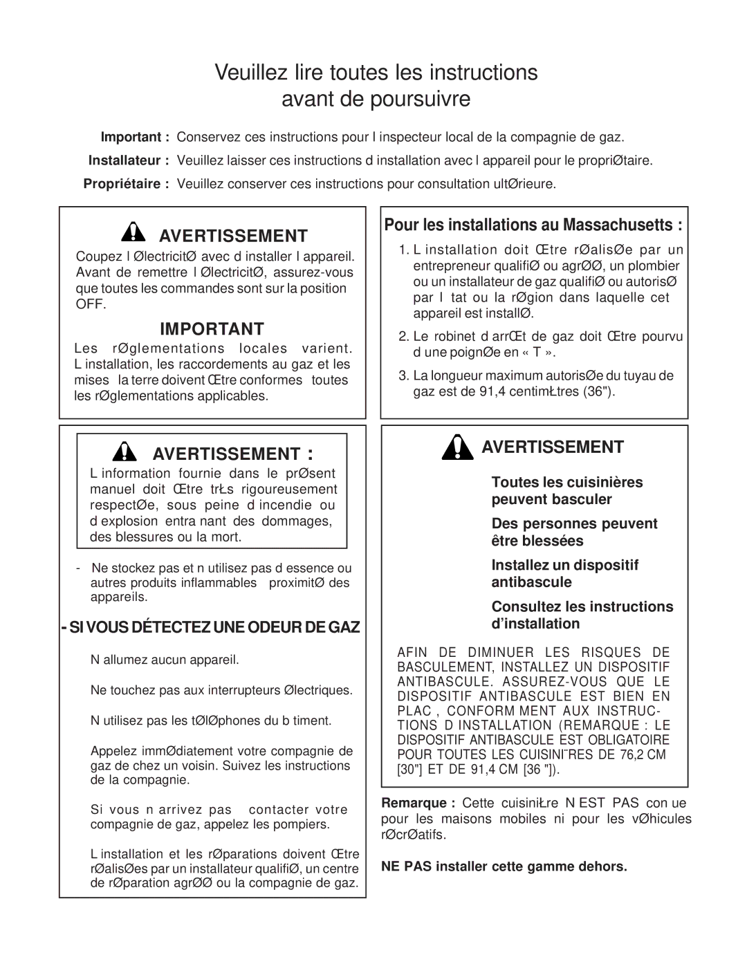 Thermador PG30, PRO-GRAND, PG48, PG36 Veuillez lire toutes les instructions Avant de poursuivre, Avertissement 