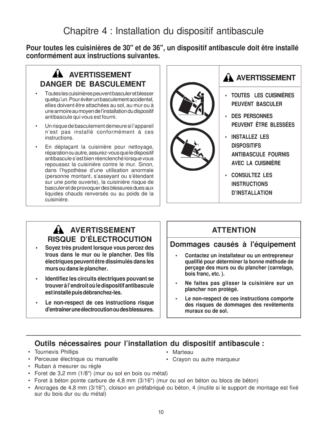 Thermador PG36, PRO-GRAND, PG48 Chapitre 4 Installation du dispositif antibascule, Avertissement Risque D’ÉLECTROCUTION 