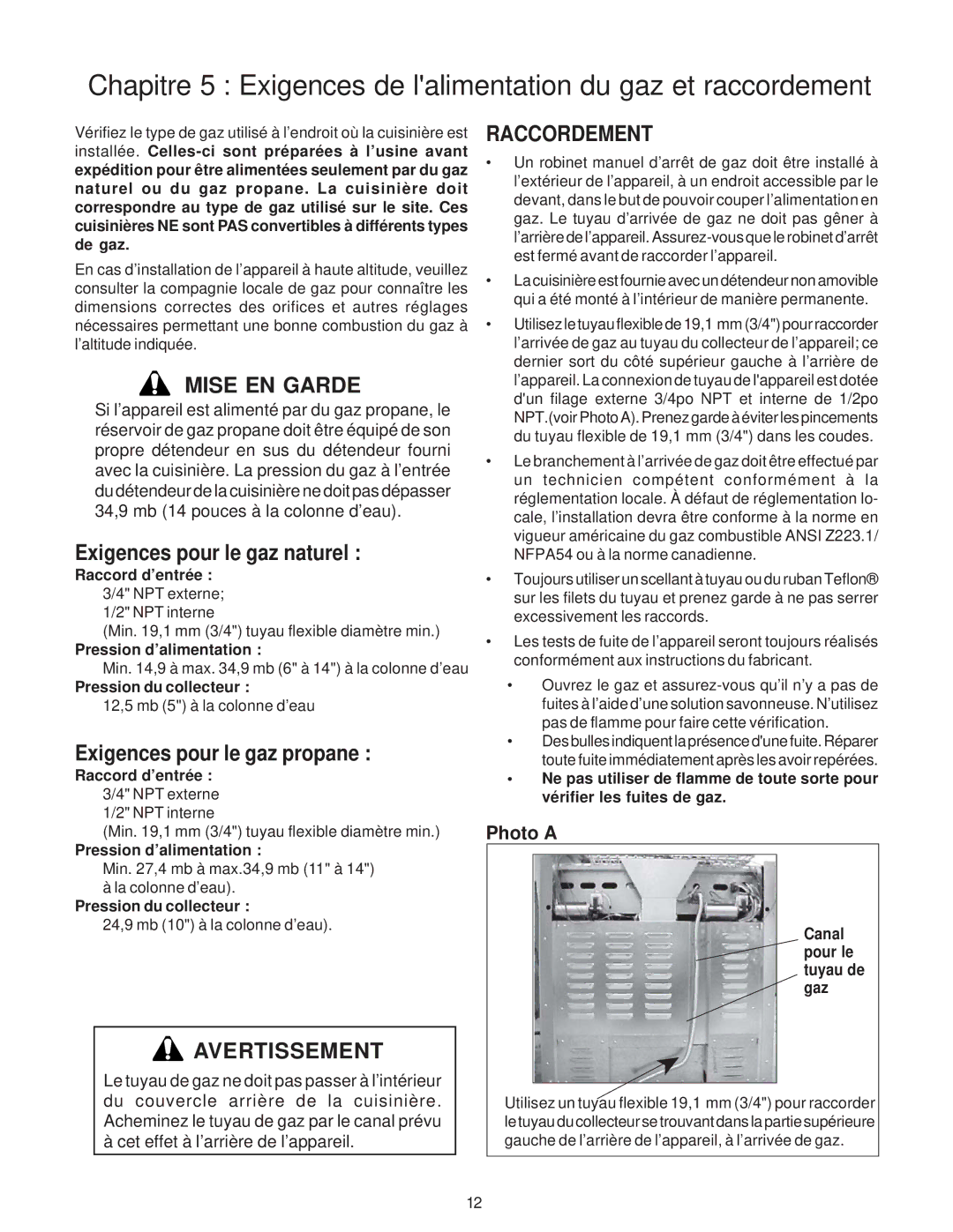 Thermador PRO-GRAND, PG48, PG36, PG30 Exigences pour le gaz naturel, Exigences pour le gaz propane, Raccordement 