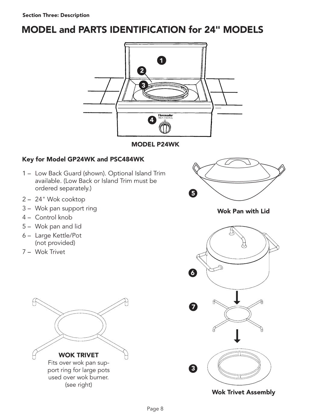 Thermador PSC486GD manual Model P24WK, Key for Model GP24WK and PSC484WK, WOK Trivet, Wok Pan with Lid Wok Trivet Assembly 