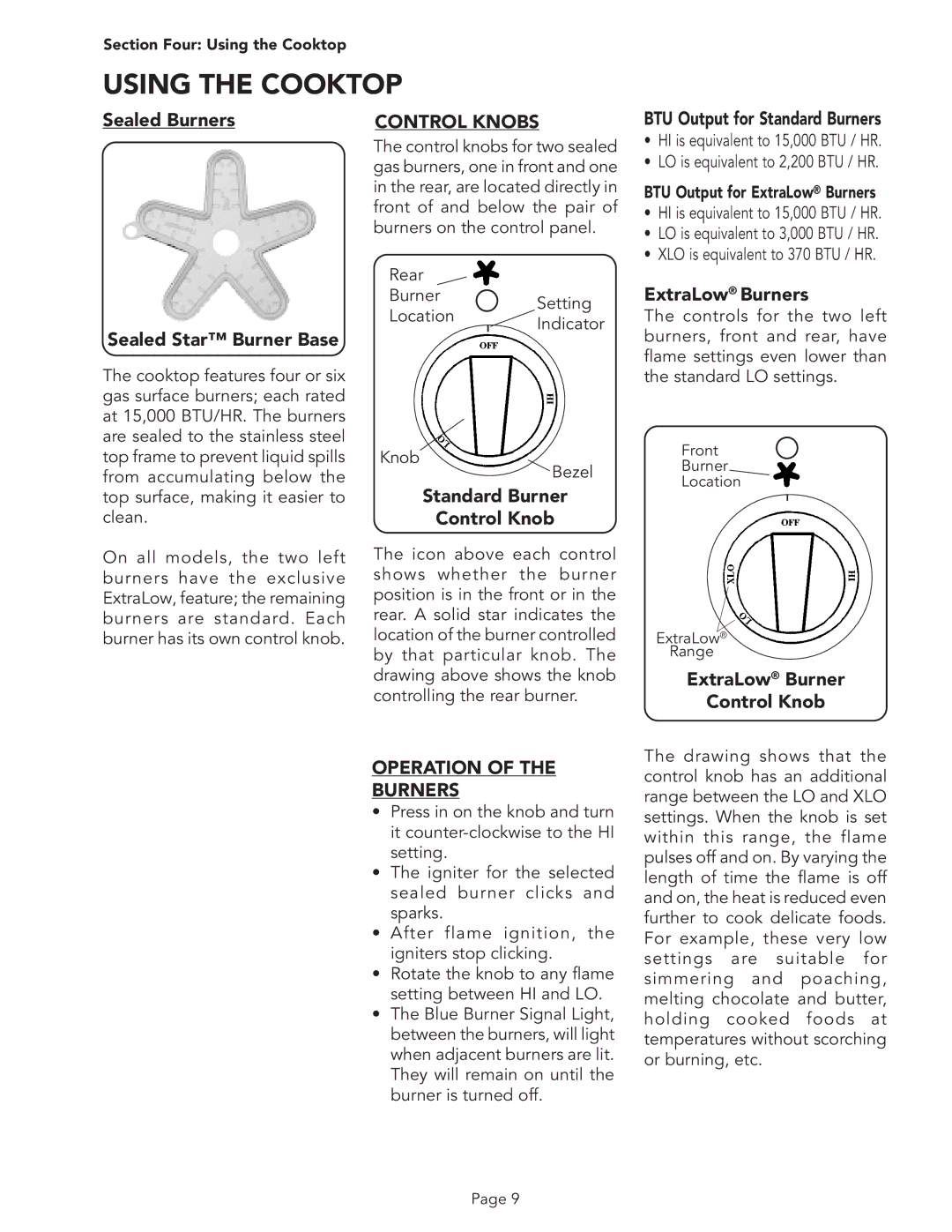 Thermador PSC364GL, PSC366, PSC364GD, PSC484WK, PSC486GD, PSC484GG, PSC486GL manual Using the Cooktop, Operation of the Burners 