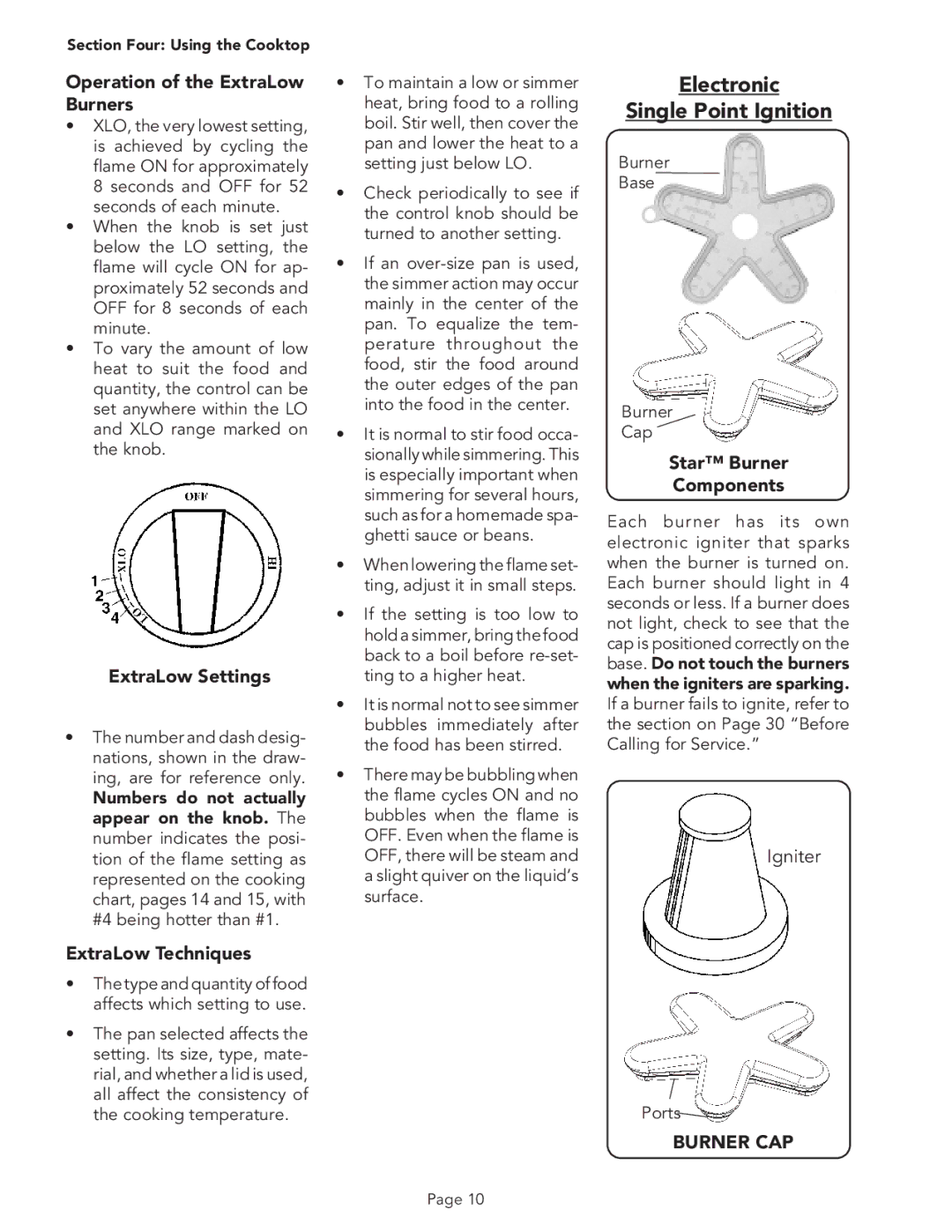 Thermador PSC484GG manual Operation of the ExtraLow Burners, ExtraLow Settings, ExtraLow Techniques, Star Burner Components 