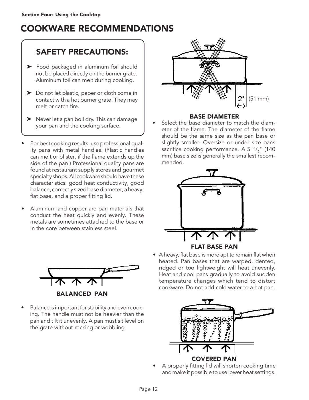 Thermador PSC366, PSC364GD, PSC484WK manual Cookware Recommendations, Base Diameter, Flat Base PAN Balanced PAN, Covered PAN 