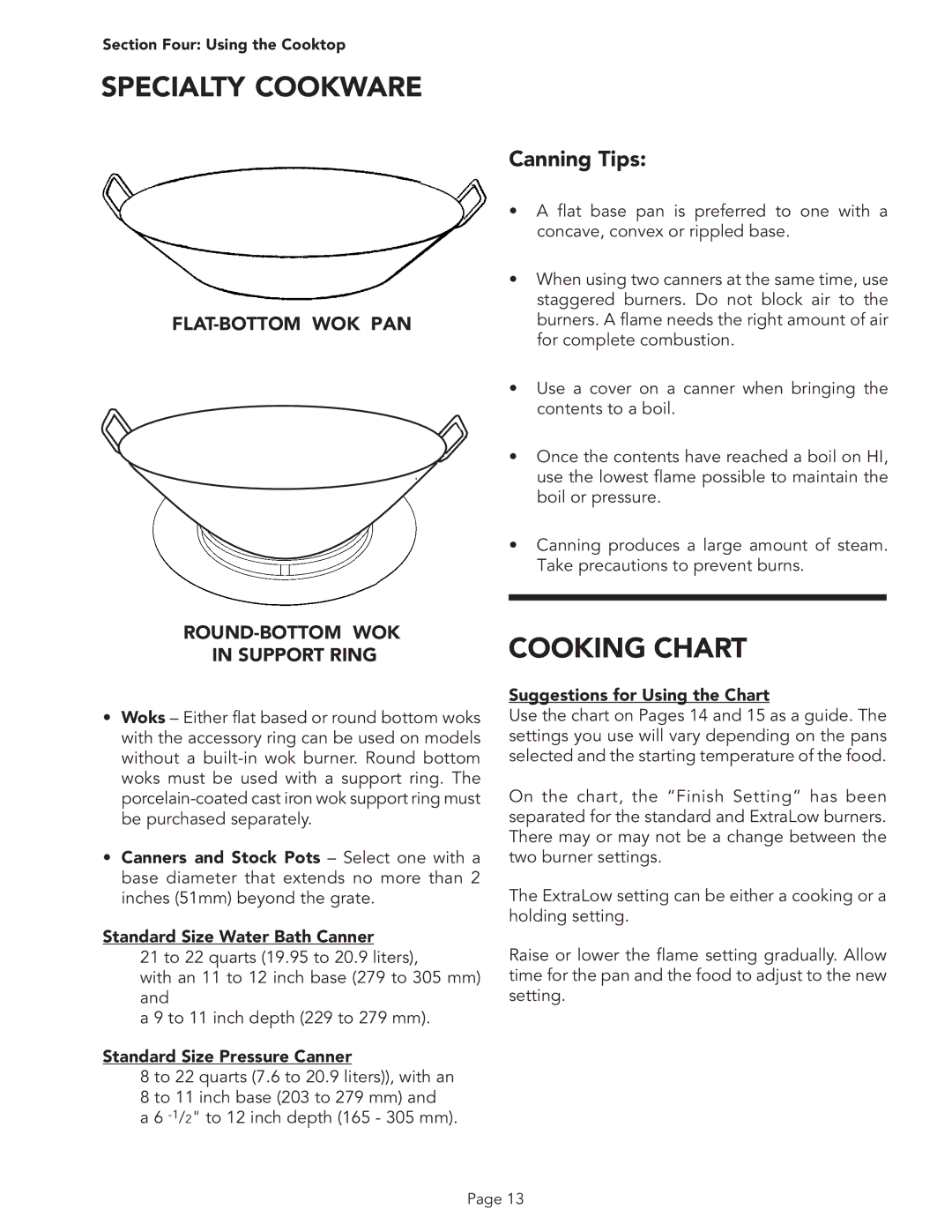 Thermador PSC364GD, PSC366, PSC484WK Specialty Cookware, Cooking Chart, Flat-Bottom Wok Pan, ROUND-BOTTOM WOK Support Ring 