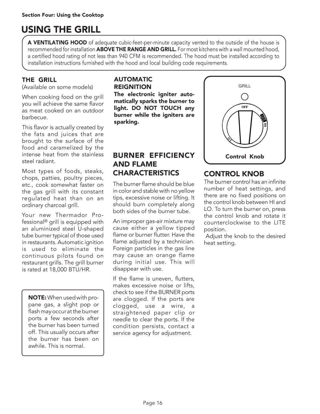 Thermador PSC364GL Using the Grill, Burner Efficiency and Flame Characteristics, Control Knob, Grill Automatic, Reignition 