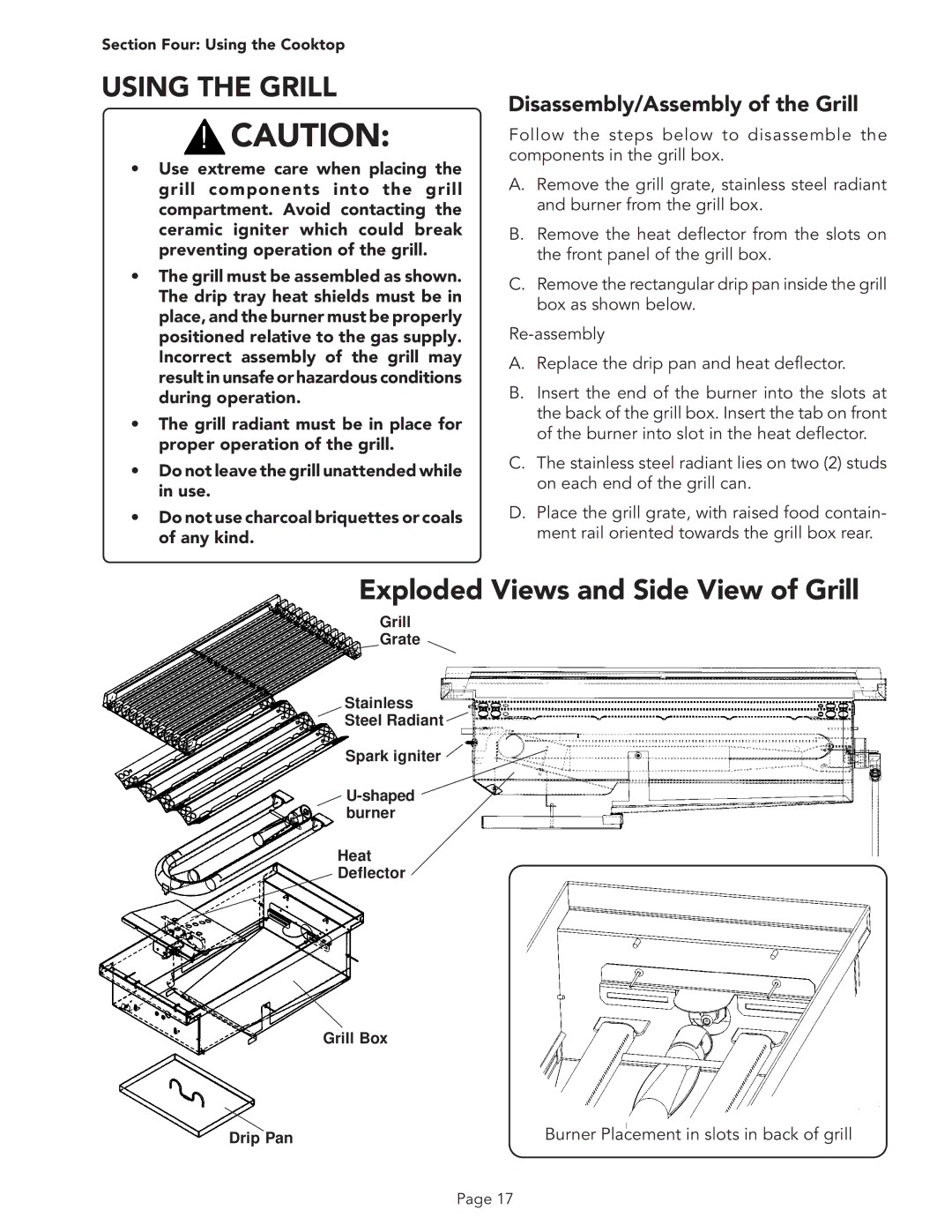 Thermador PSC484GG, PSC366, PSC364GD, PSC484WK Disassembly/Assembly of the Grill, Burner Placement in slots in back of grill 