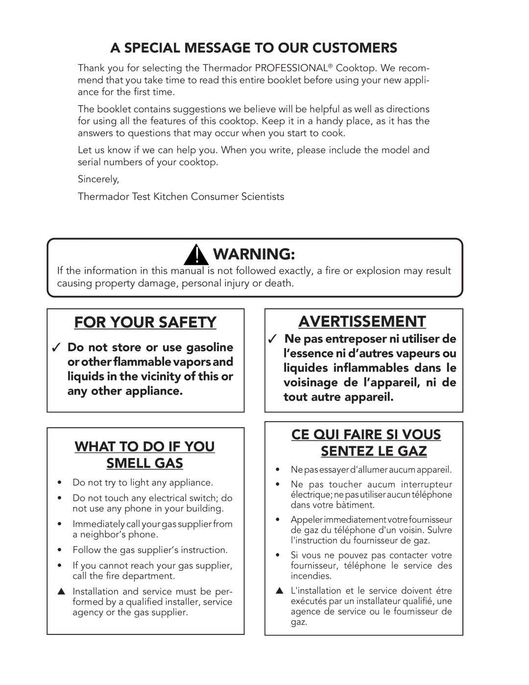 Thermador PSC484WK, PSC366, PSC364GD, PSC486GD, PSC364GL, PSC484GG, PSC486GL manual For Your Safety, Avertissement 