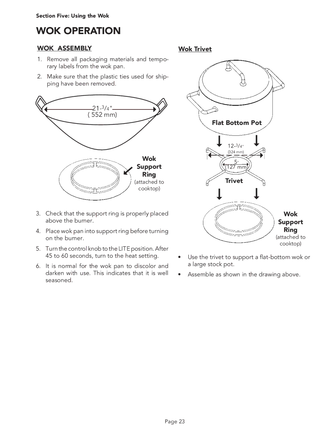 Thermador PSC364GL, PSC366, PSC364GD WOK Operation, WOK Assembly, Wok Trivet Flat Bottom Pot, Trivet Wok Support Ring 