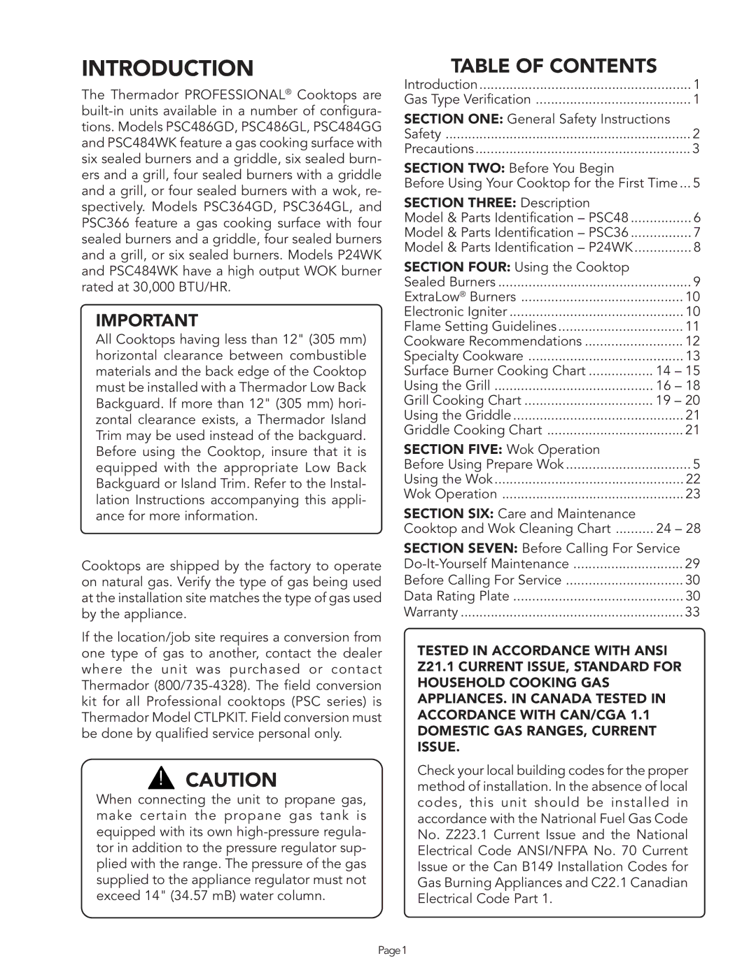 Thermador PSC486GD, PSC366, PSC364GD, PSC484WK, PSC364GL, PSC484GG, PSC486GL manual Introduction, Table of Contents 