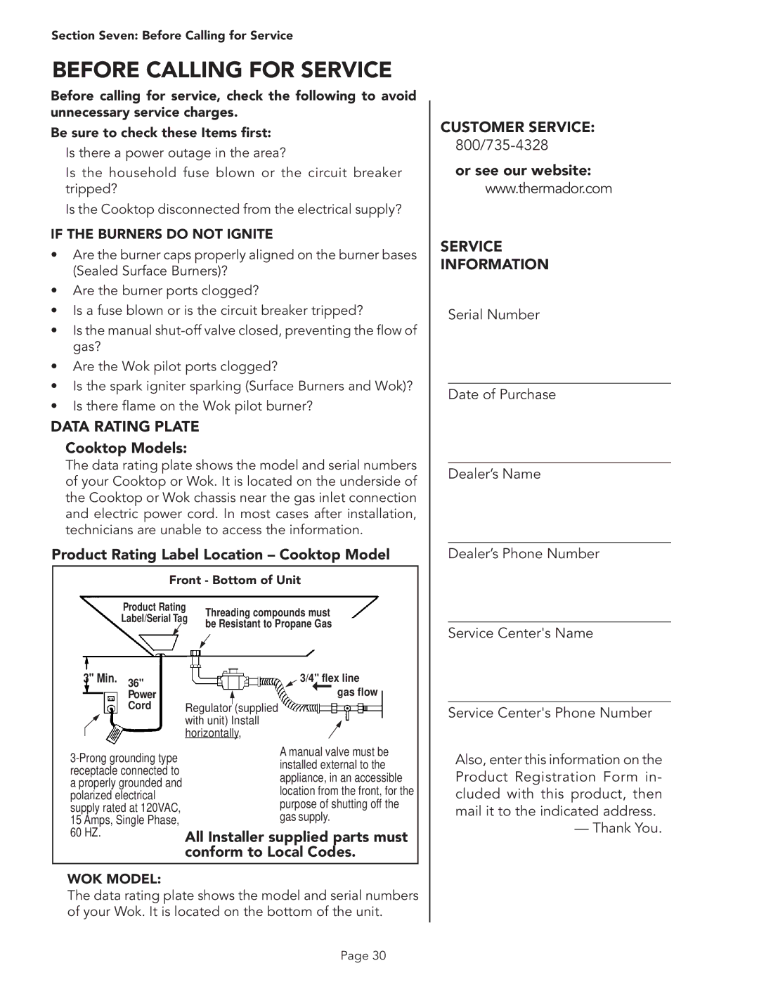 Thermador PSC364GL, PSC366, PSC364GD Before Calling for Service, Data Rating Plate, Customer Service, Service Information 