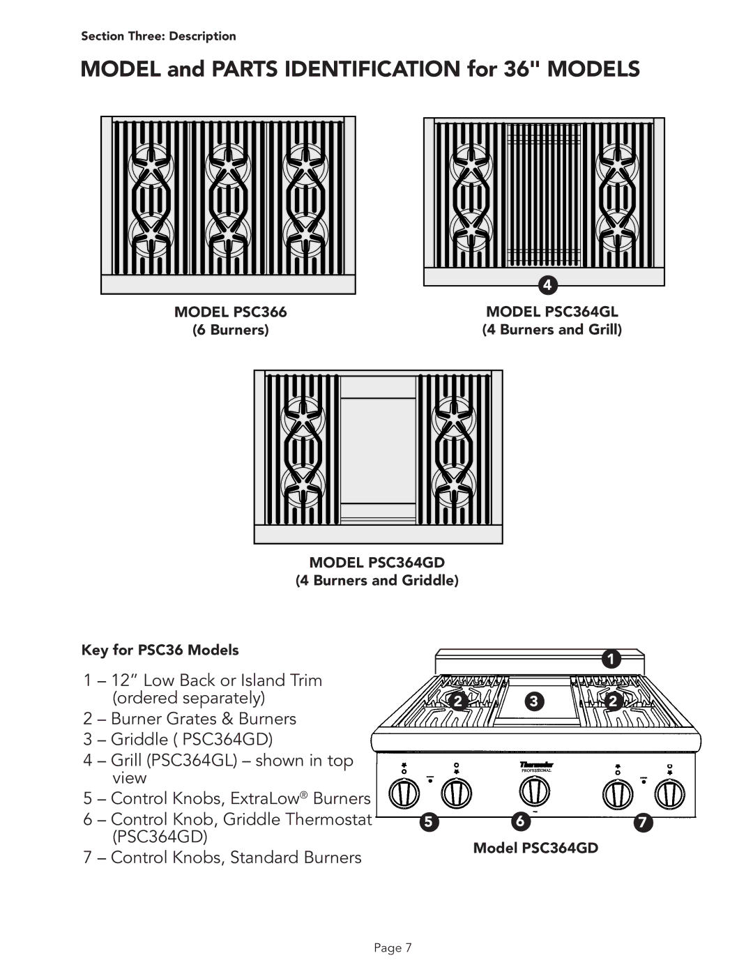 Thermador PSC484WK, PSC486GD, PSC484GG, PSC486GL Model PSC366, Burners Model PSC364GL 4 Burners and Grill, Model PSC364GD 