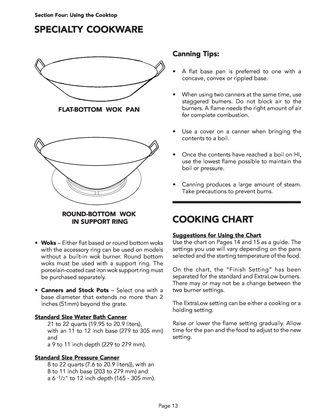 Thermador PSC364GD Specialty Cookware, Cooking Chart, Canning Tips, Flat-Bottom Wok Pan, Round-Bottom Wok In Support Ring 