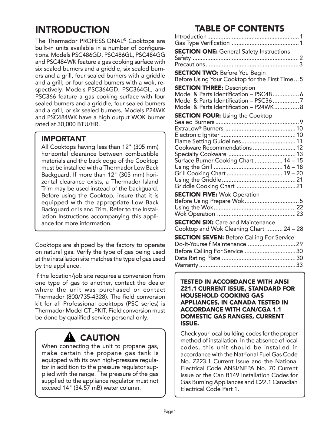 Thermador PSC486GD, PSC366, PSC364GD Introduction, Table Of Contents, SECTION THREE Description, SECTION FIVE Wok Operation 
