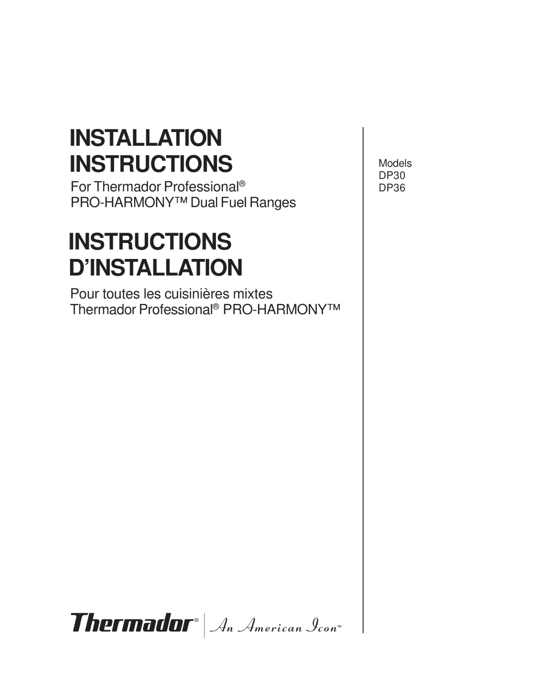 Thermador PRO-HARMONY, Range, 336, DP30, DP36 installation instructions Installation Instructions 