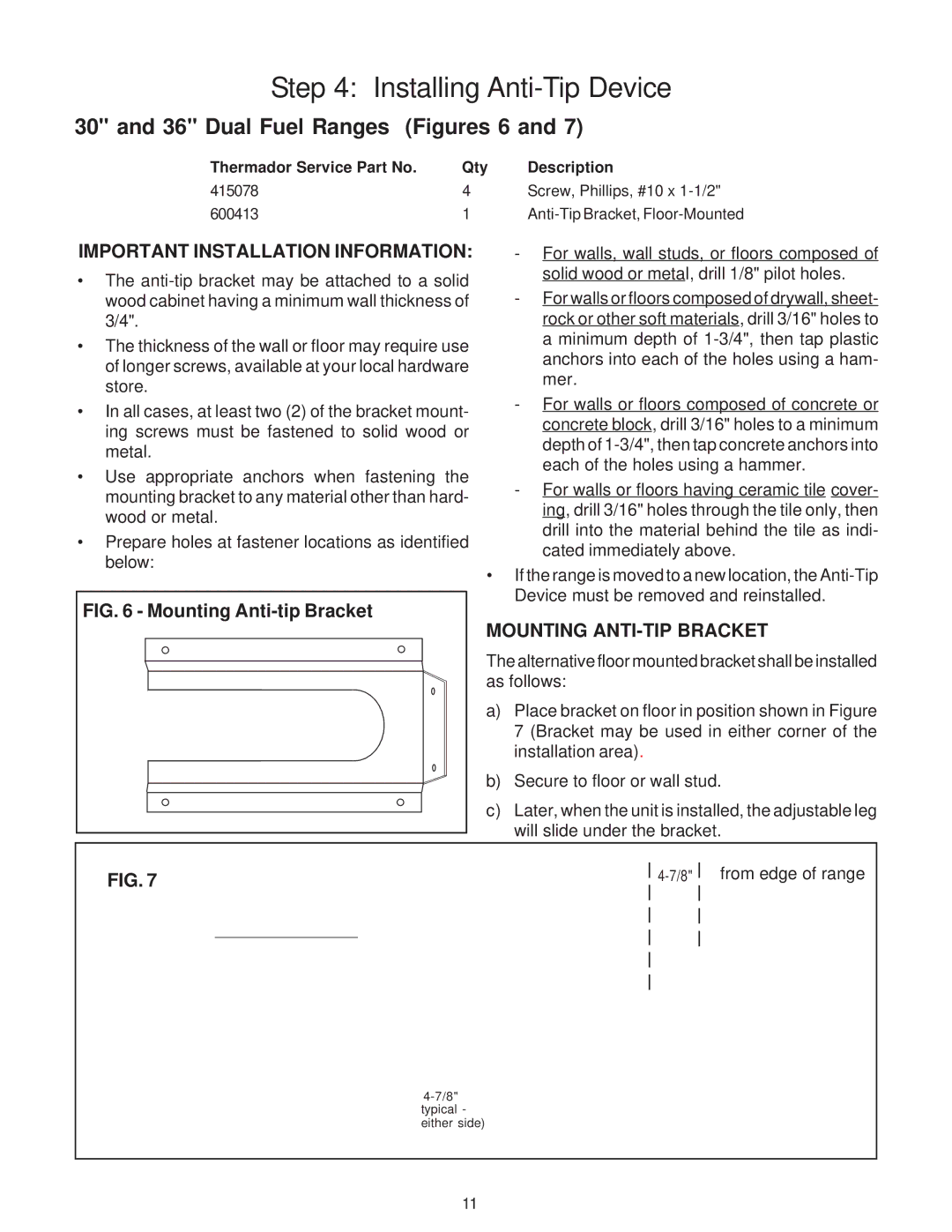 Thermador DP36, PRO-HARMONY, 336 Dual Fuel Ranges Figures 6, Important Installation Information, Mounting ANTI-TIP Bracket 