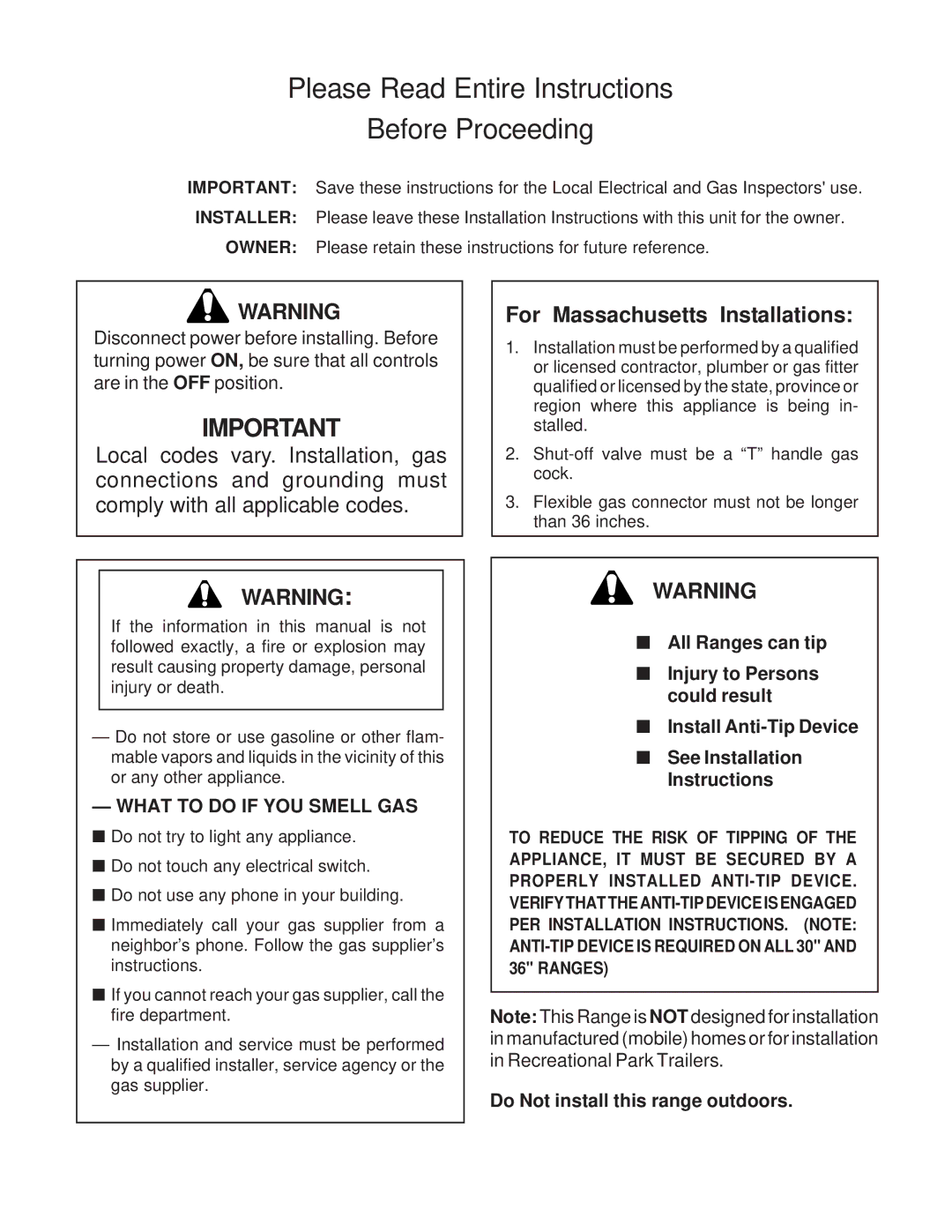 Thermador 336, Range, PRO-HARMONY, DP30 Please Read Entire Instructions Before Proceeding, For Massachusetts Installations 