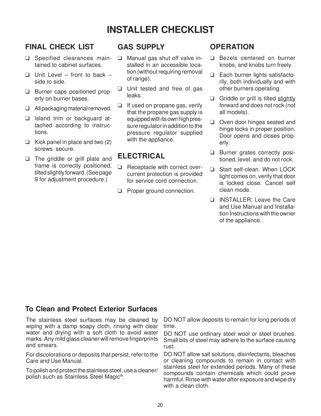 Thermador DP30, Range, PRO-HARMONY, 336, DP36 installation instructions Final Check List, GAS Supply, Electrical, Operation 