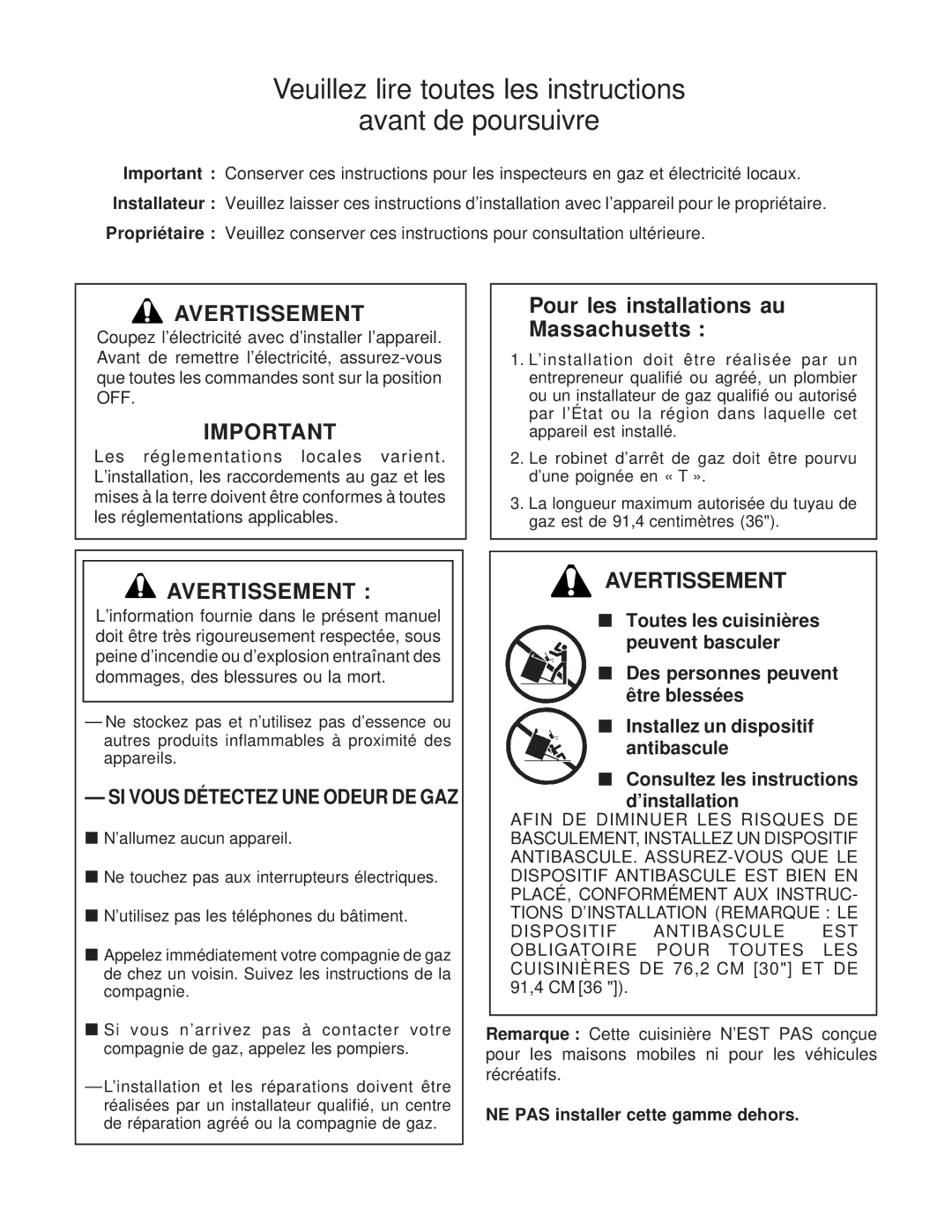 Thermador Range, PRO-HARMONY, 336, DP30, DP36 Veuillez lire toutes les instructions Avant de poursuivre, Avertissement 