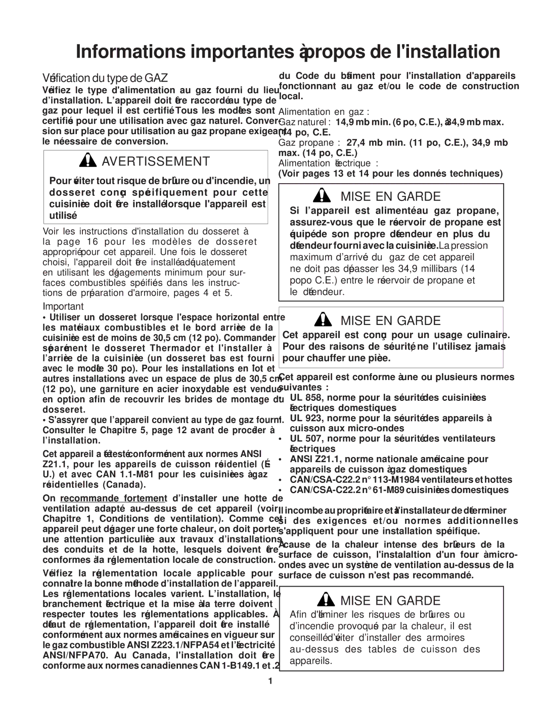 Thermador 336, Range, PRO-HARMONY, DP30, DP36 Informations importantes à propos de linstallation, Mise EN Garde 