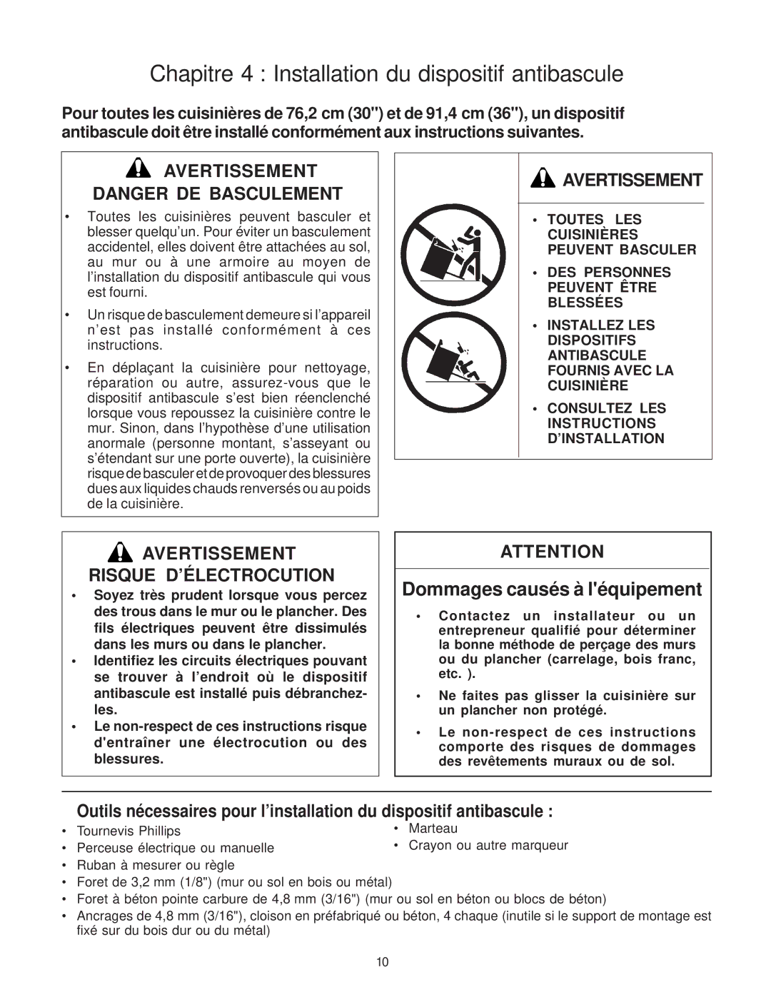 Thermador PRO-HARMONY, Range, 336 Chapitre 4 Installation du dispositif antibascule, Avertissement Danger DE Basculement 