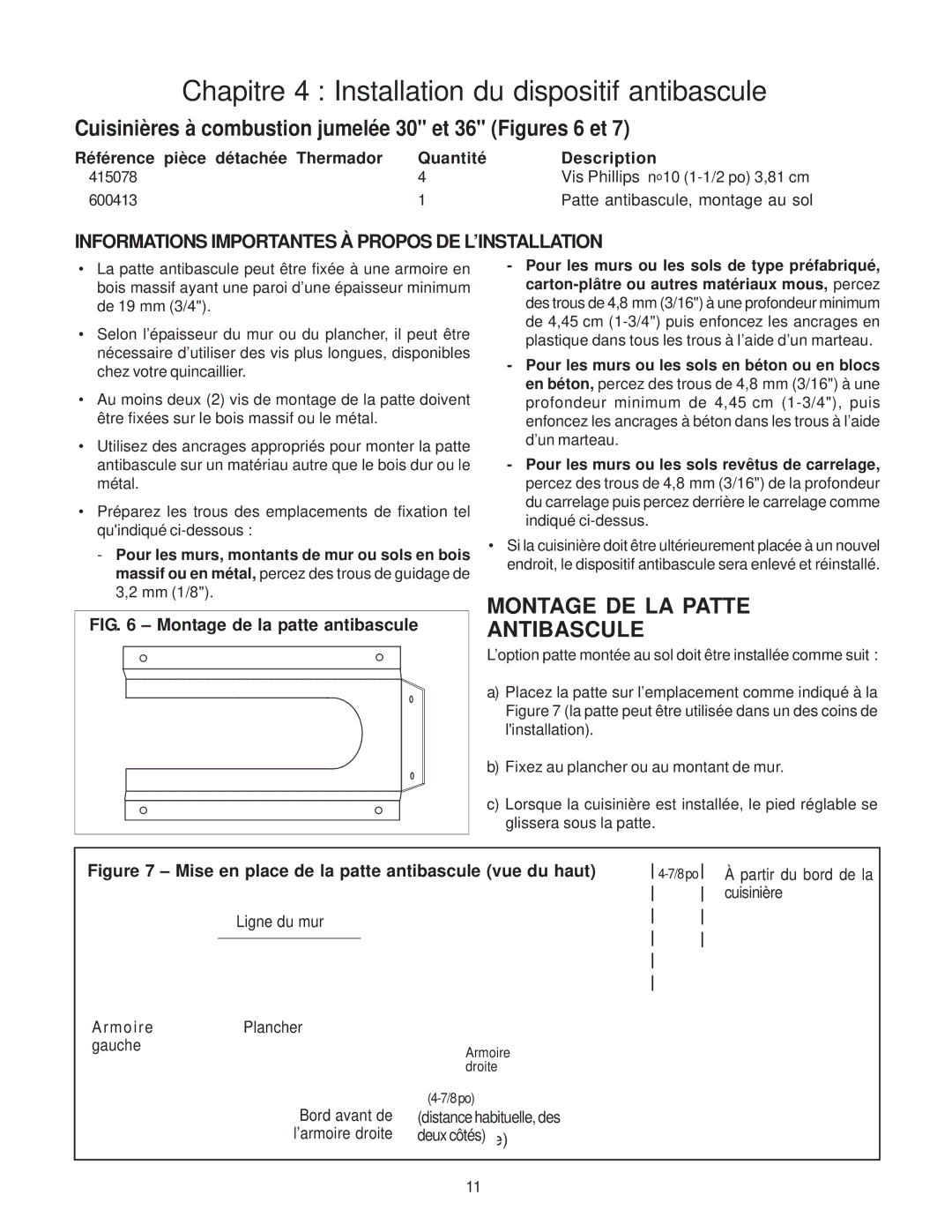 Thermador 336, Range, PRO-HARMONY Cuisinières à combustion jumelée 30 et 36 Figures 6 et, Montage DE LA Patte Antibascule 