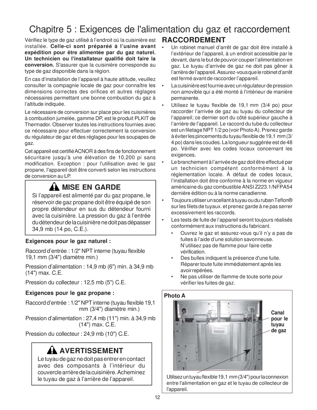 Thermador DP30, Range, PRO-HARMONY, 336 Raccordement, Exigences pour le gaz naturel, Exigences pour le gaz propane, Photo a 