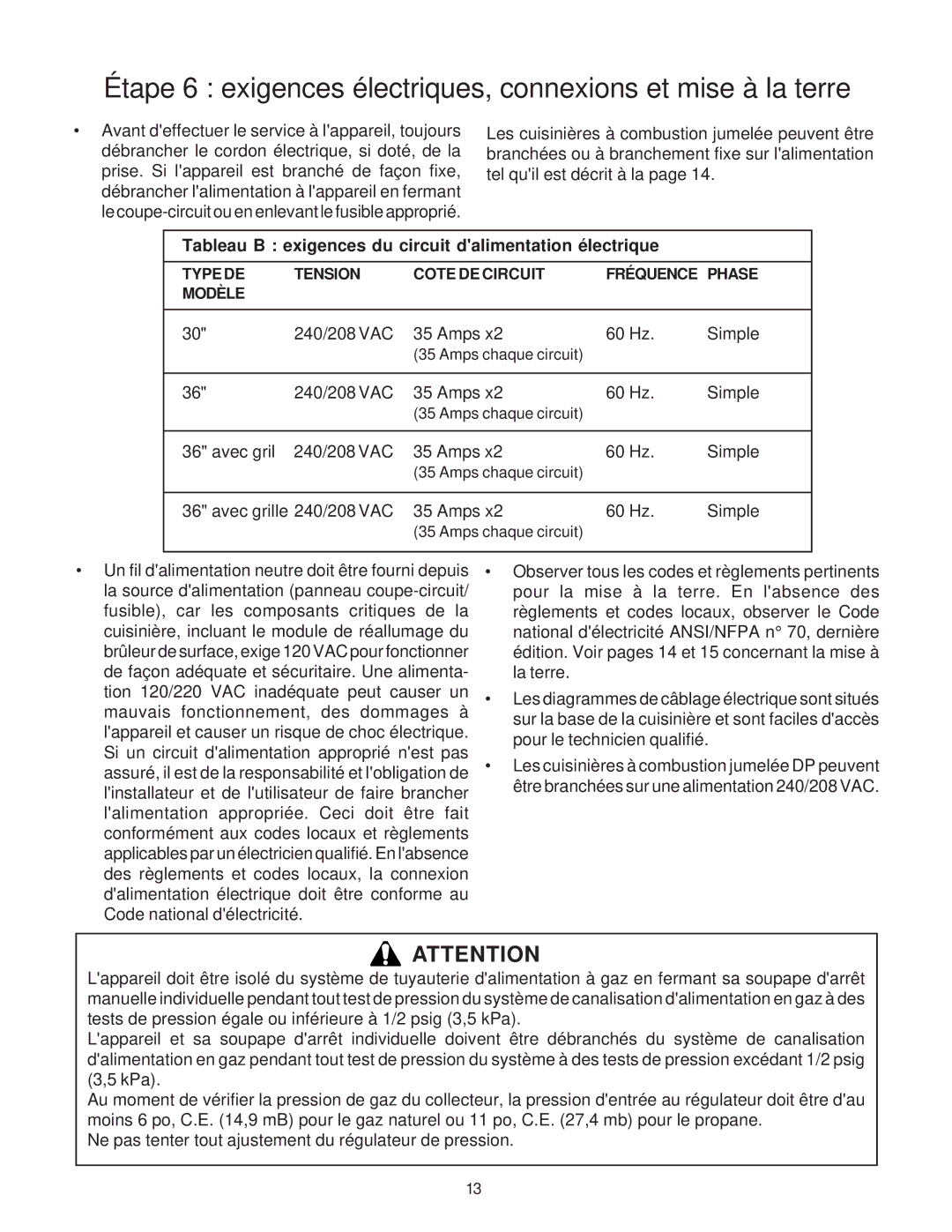 Thermador DP36, Range, PRO-HARMONY, 336, DP30 Étape 6 exigences électriques, connexions et mise à la terre 