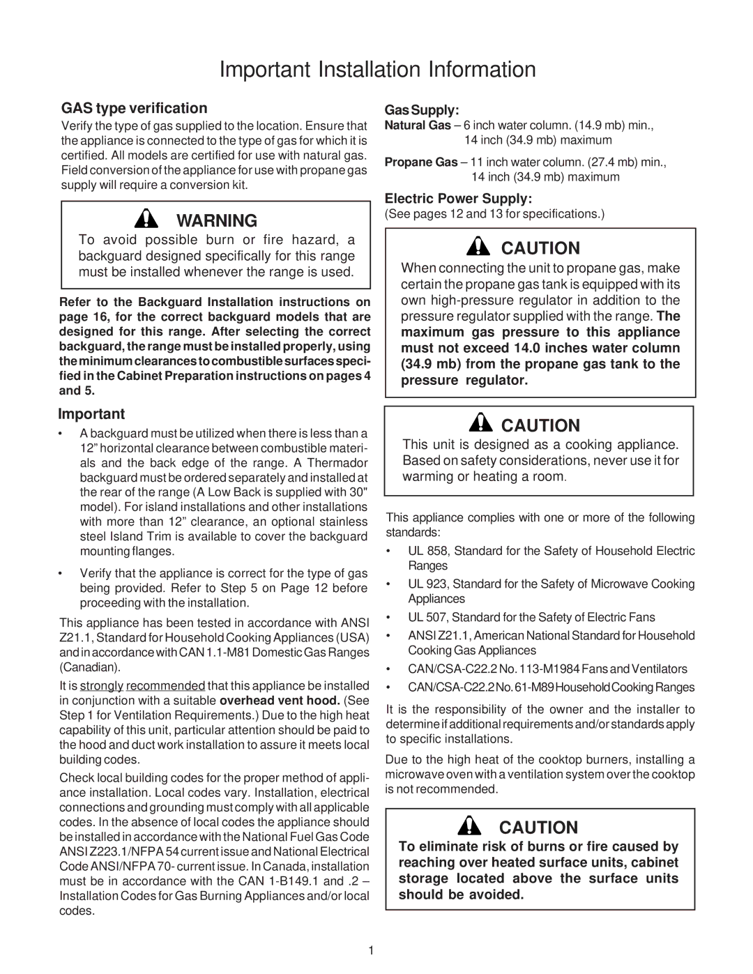 Thermador DP36, Range, 336 Important Installation Information, GAS type verification, Gas Supply, Electric Power Supply 