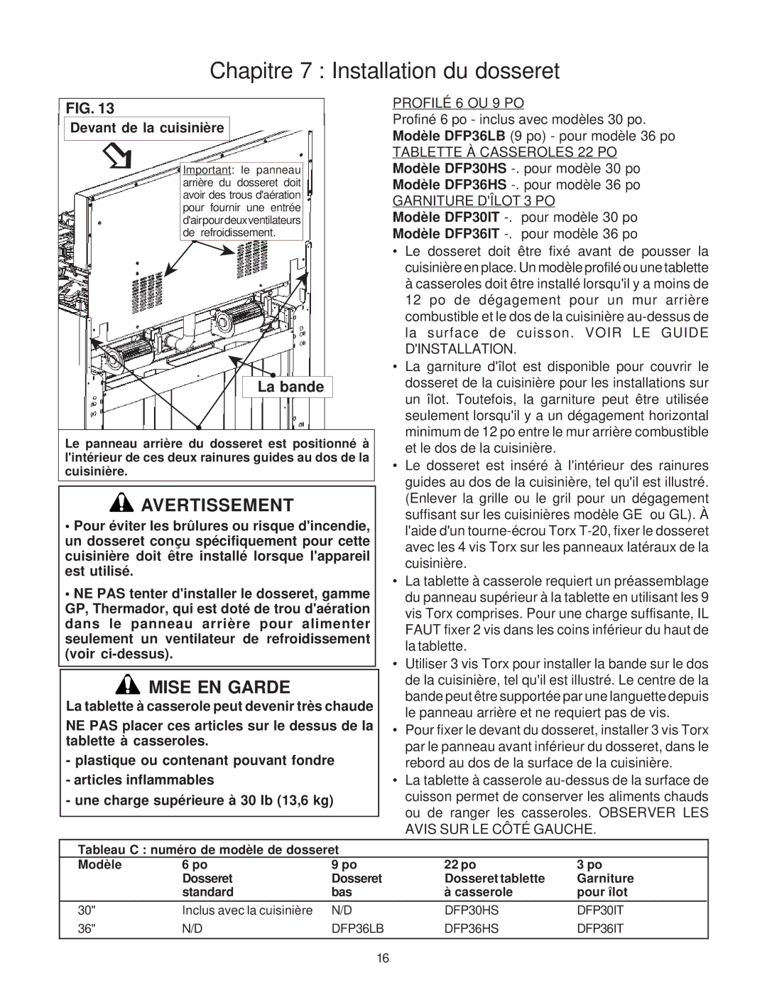 Thermador 336, Range, PRO-HARMONY, DP30, DP36 Chapitre 7 Installation du dosseret, La bande, Devant de la cuisinière 