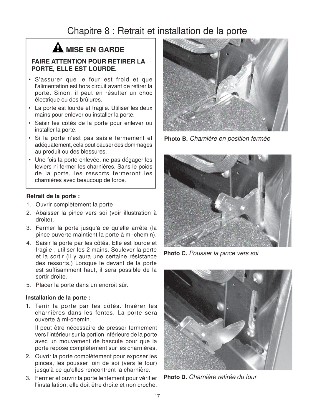 Thermador DP30, 336 Chapitre 8 Retrait et installation de la porte, Faire Attention Pour Retirer LA PORTE, Elle EST Lourde 