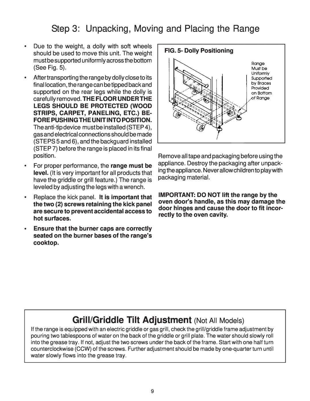 Thermador 336 Grill/Griddle Tilt Adjustment Not All Models, Unpacking, Moving and Placing the Range, Dolly Positioning 