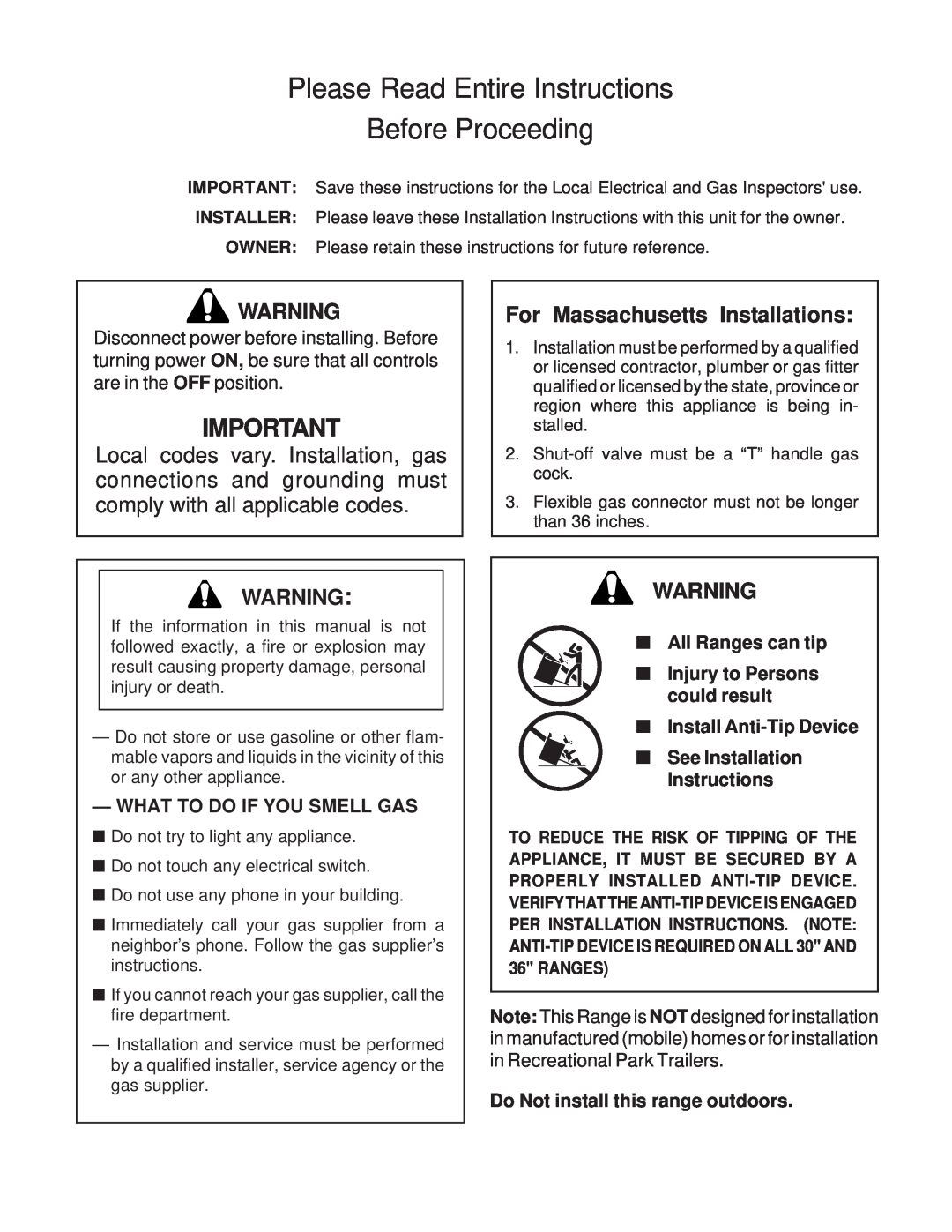 Thermador 336 Please Read Entire Instructions Before Proceeding, For Massachusetts Installations, Install Anti-TipDevice 