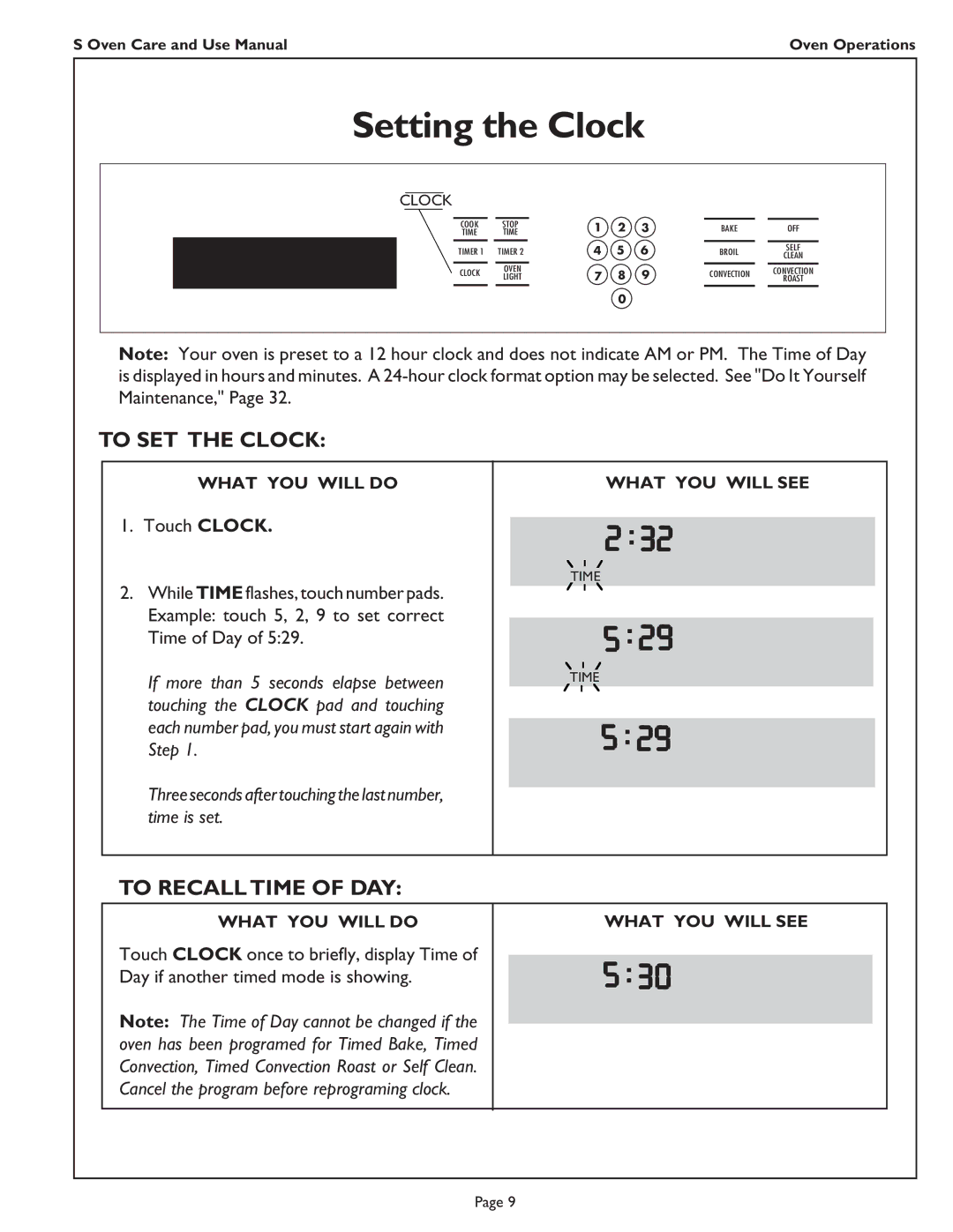 Thermador SC302, SC301, SCD272, SC272 manual Setting the Clock, To SET the Clock, To Recall Time of DAY 