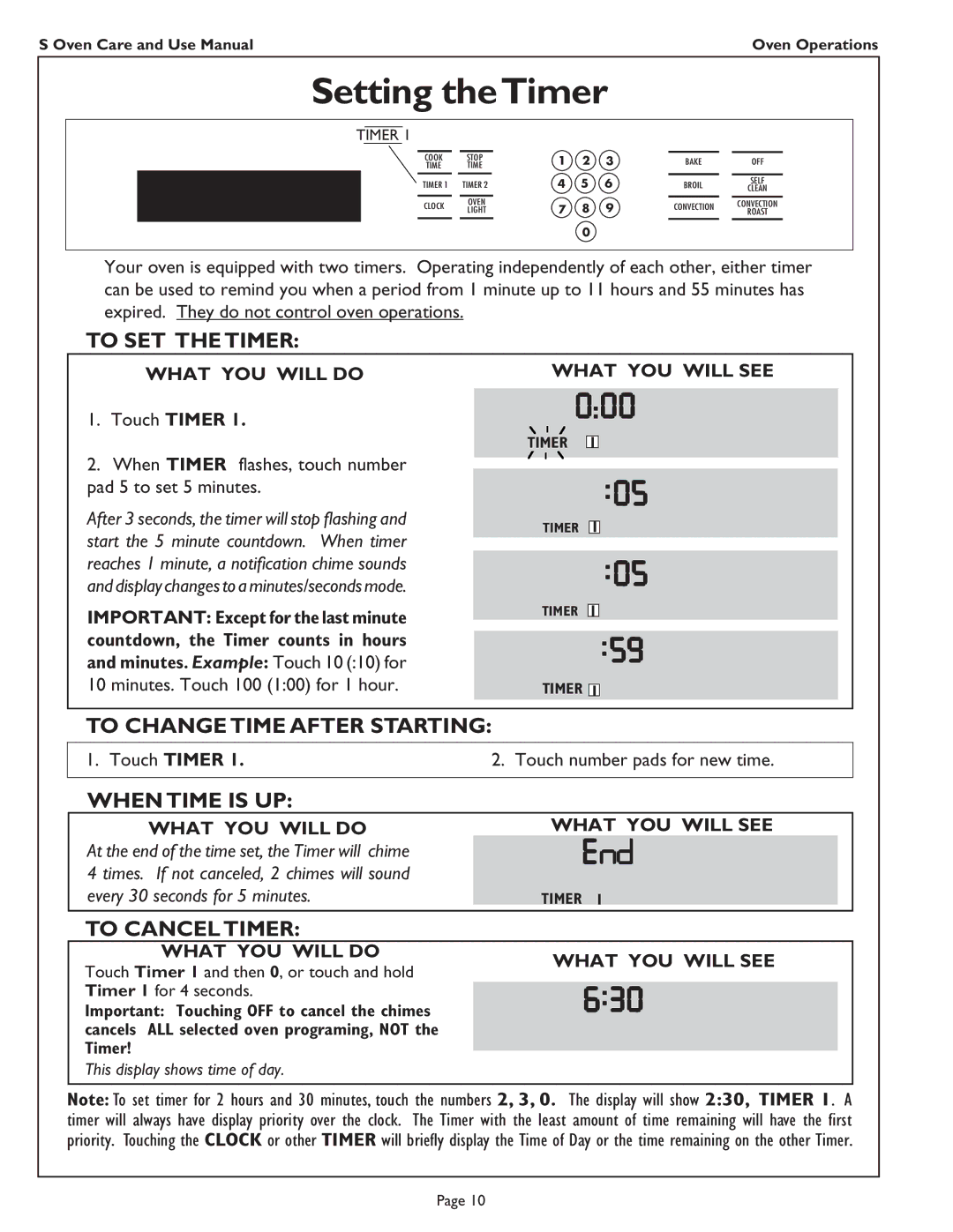 Thermador SC301, SC272 Setting theTimer, To SET the Timer, To Change Time After Starting, When Time is UP, To Cancel Timer 