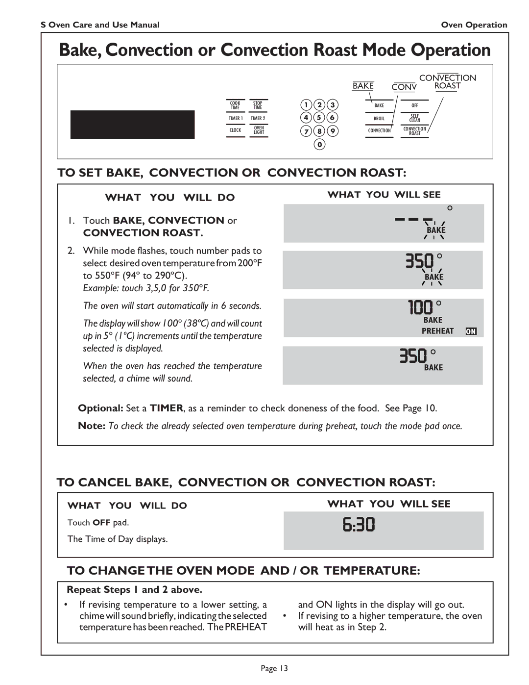 Thermador SC302, SC301, SCD272 To SET BAKE, Convection or Convection Roast, To Cancel BAKE, Convection or Convection Roast 